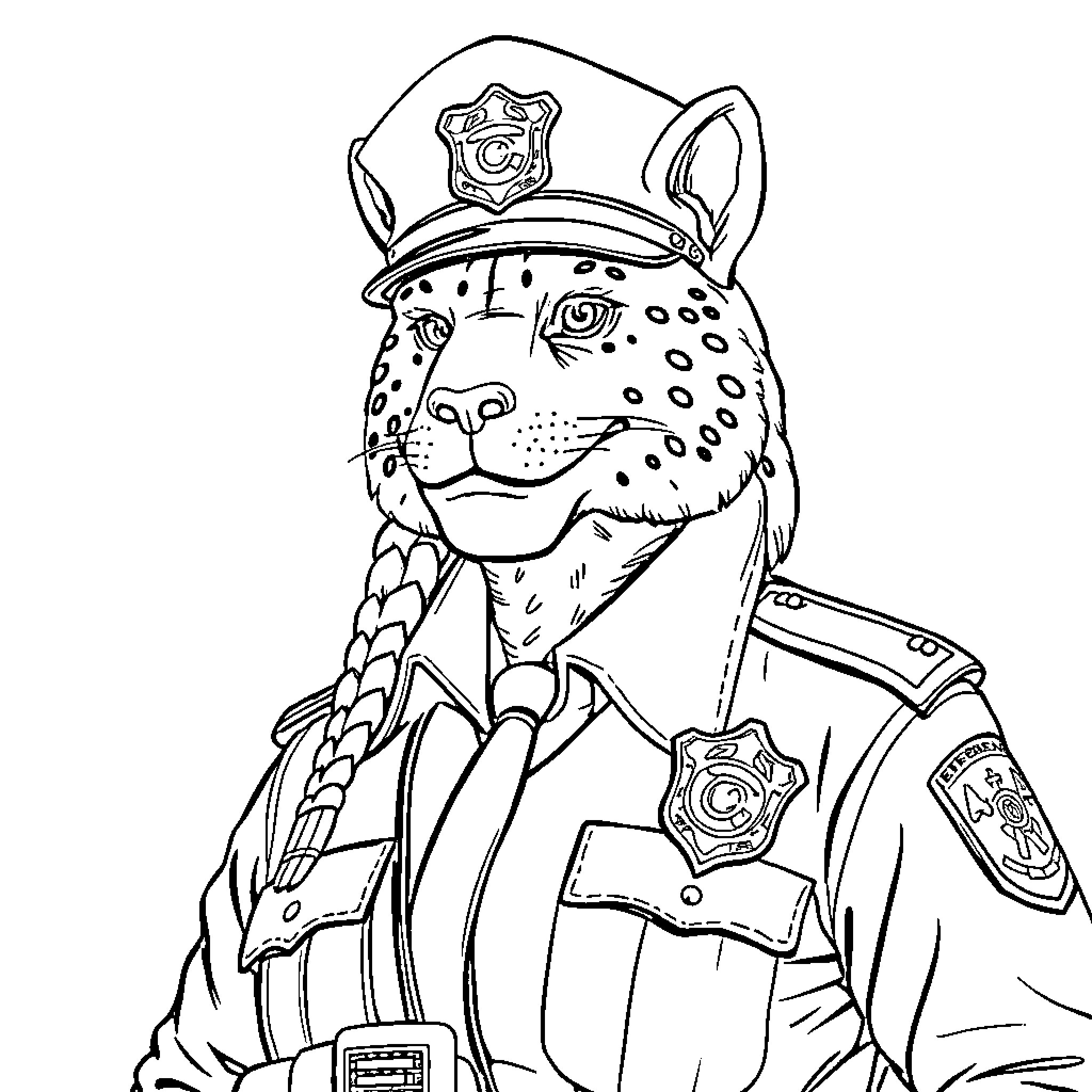 Siren anthropomorphic leopard wearing a police officer uniform Coloring Page (free black-and-white line drawing printable PDF for all, from beginners to advanced learners, including children, teens, adults, and seniors)