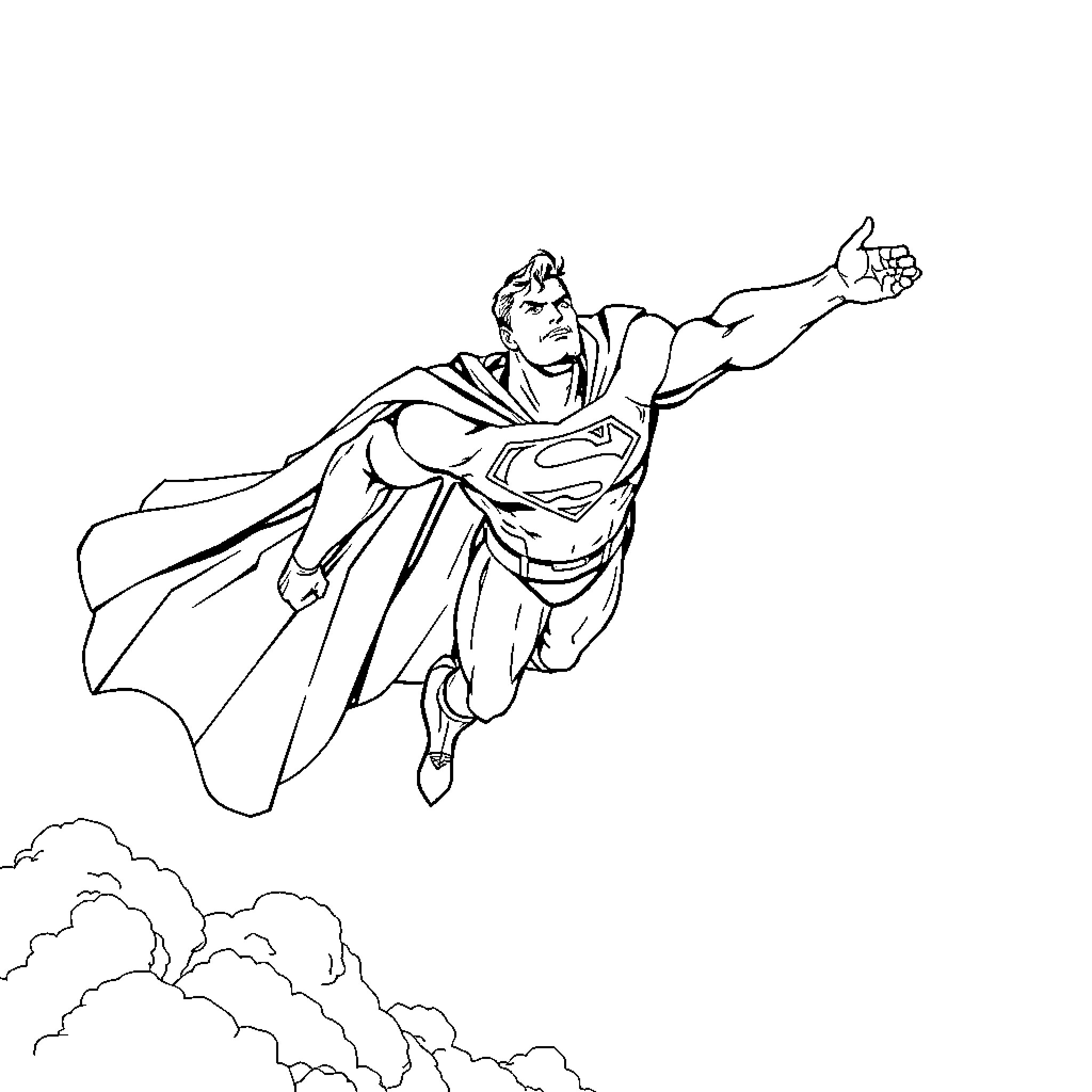 Superman soaring through the sky in action pose Coloring Page (free black-and-white line drawing printable PDF for all, from beginners to advanced learners, including children, teens, adults, and seniors)