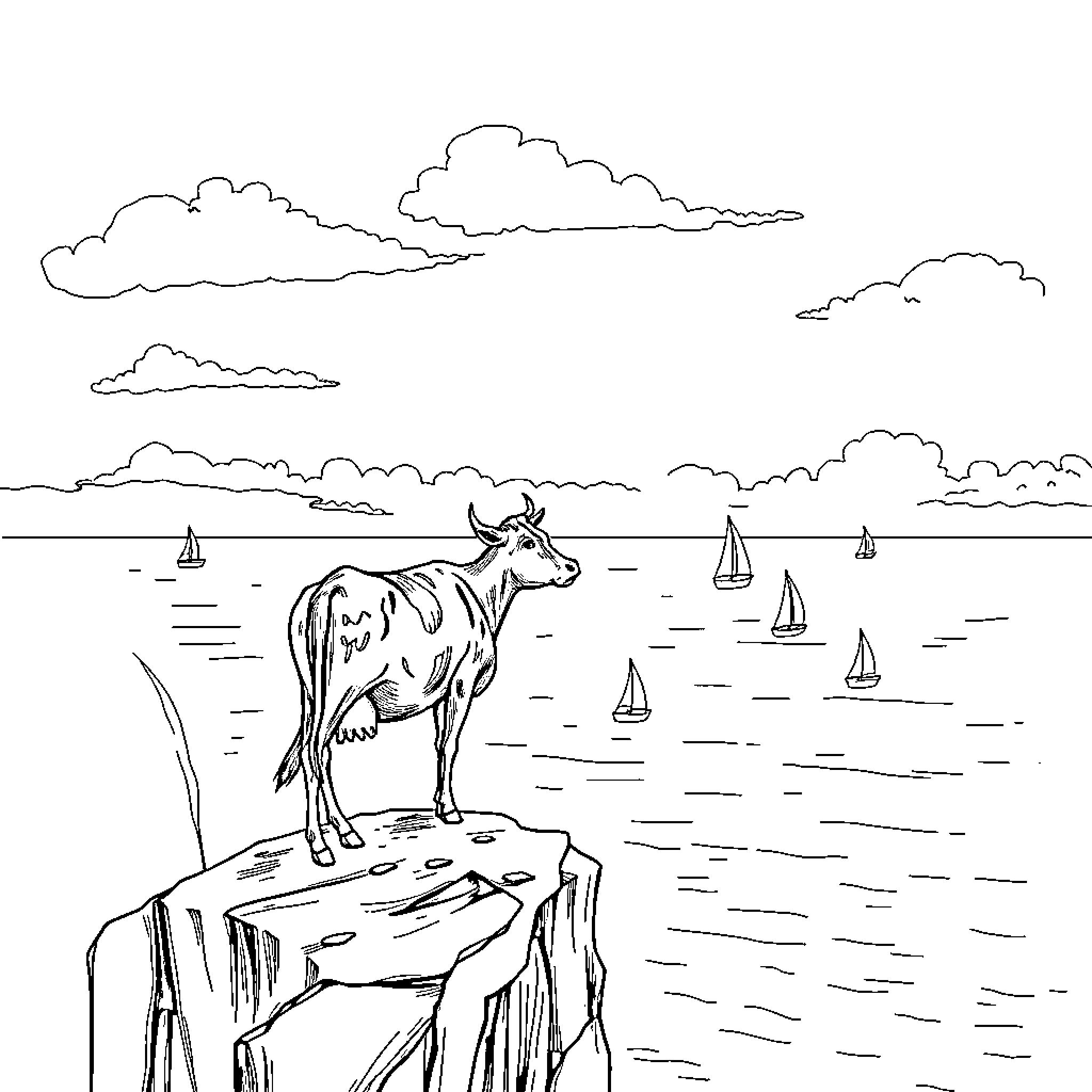 Cow standing on rocky cliff overlooking sailboats on the water Coloring Page (free black-and-white line drawing printable PDF for all, from beginners to advanced learners, including children, teens, adults, and seniors)