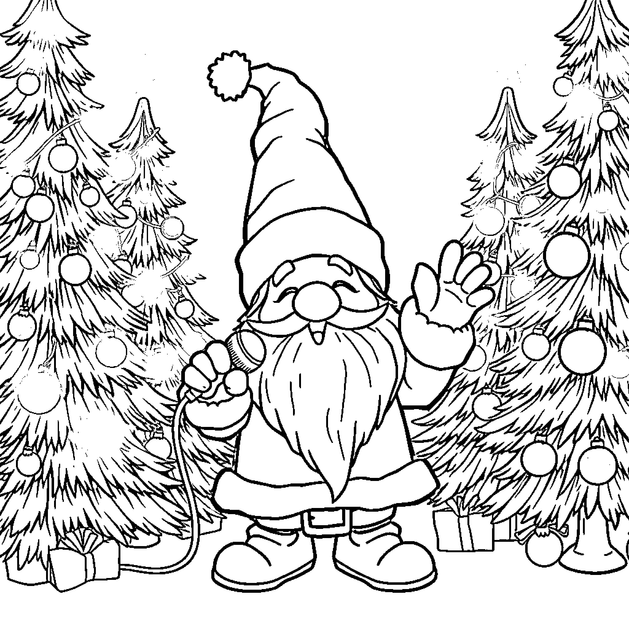 Gnome enjoying the snowy forest scene Coloring Page (free black-and-white line drawing printable PDF for all, from beginners to advanced learners, including children, teens, adults, and seniors)