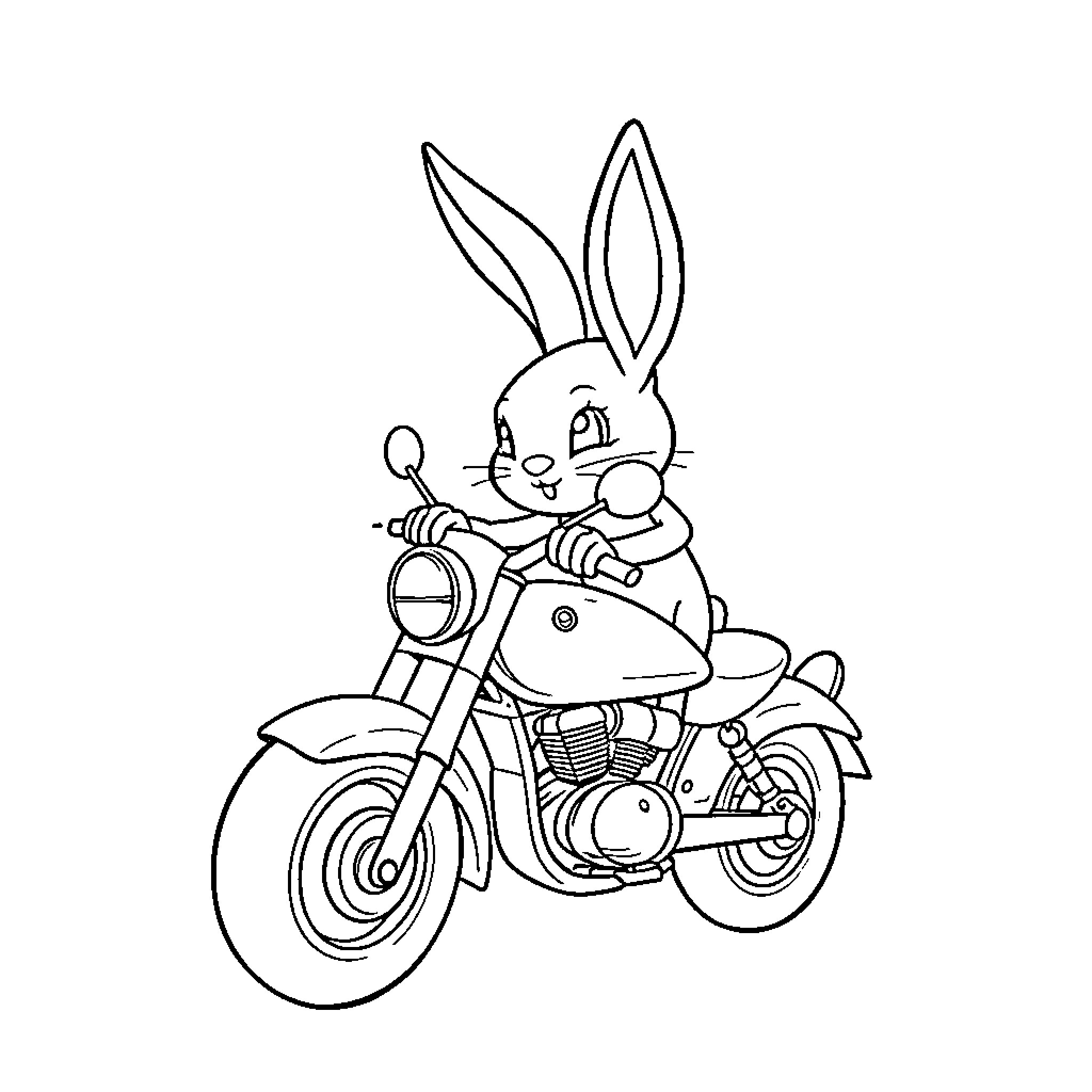 Bunny riding a motorcycle happily Coloring Page (free black-and-white line drawing printable PDF for all, from beginners to advanced learners, including children, teens, adults, and seniors)