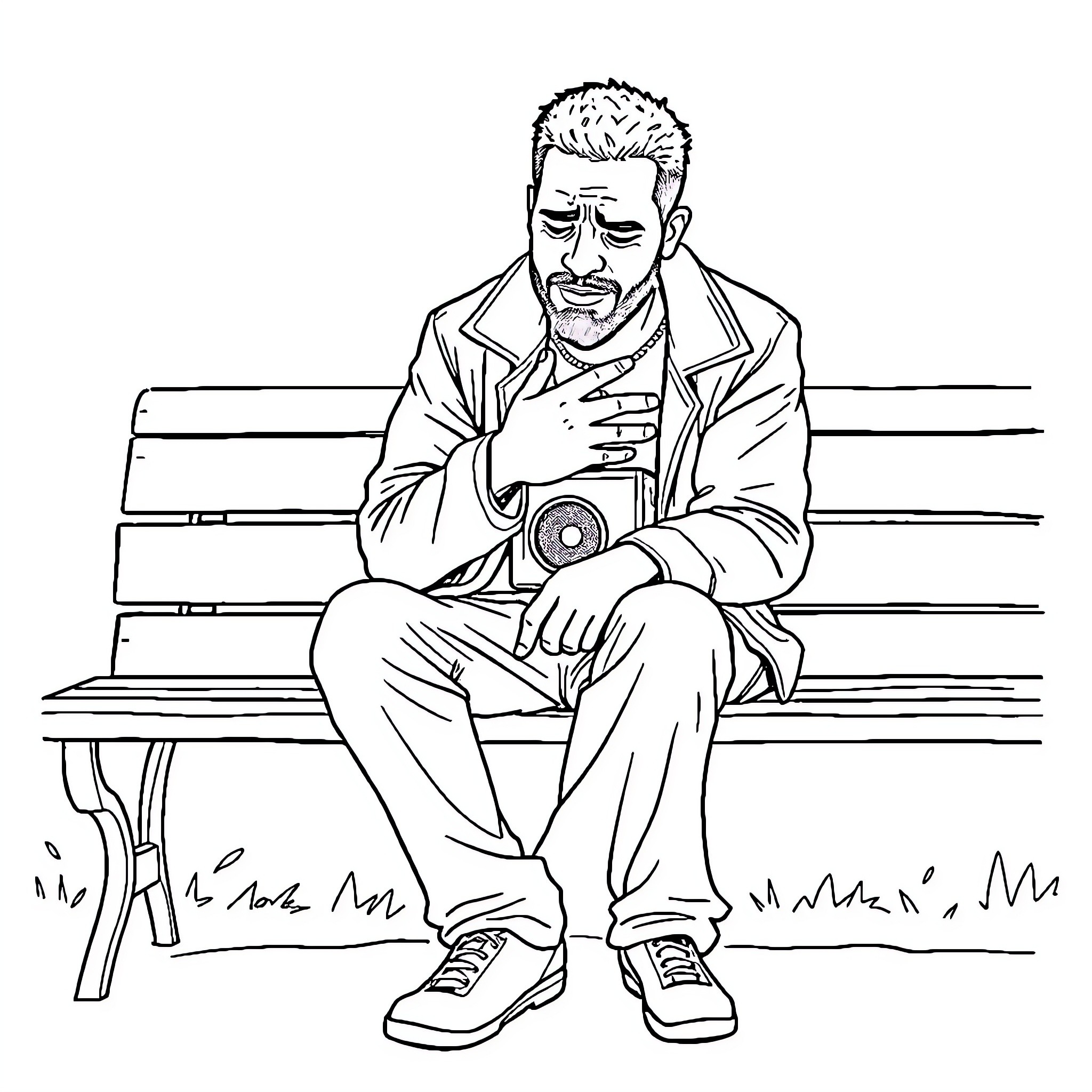 Lamine Yamal sits contemplatively on a park bench Coloring Page (free black-and-white line drawing printable PDF for all, from beginners to advanced learners, including children, teens, adults, and seniors)