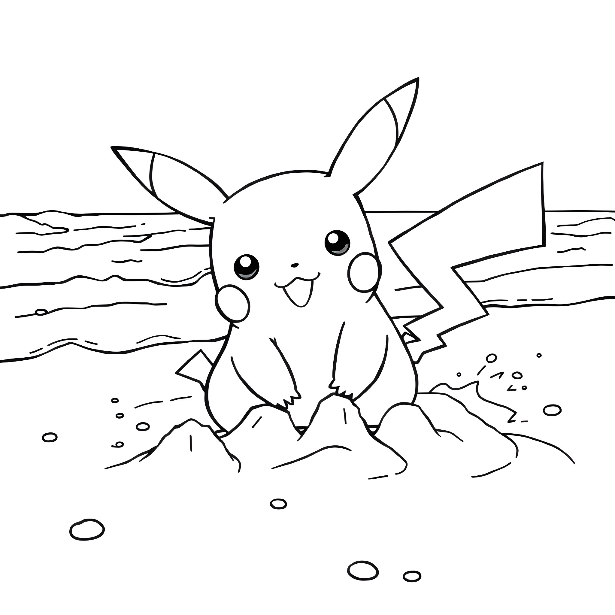 Pikachu playing by the beach Coloring Page (free black-and-white line drawing printable PDF for all, from beginners to advanced learners, including children, teens, adults, and seniors)