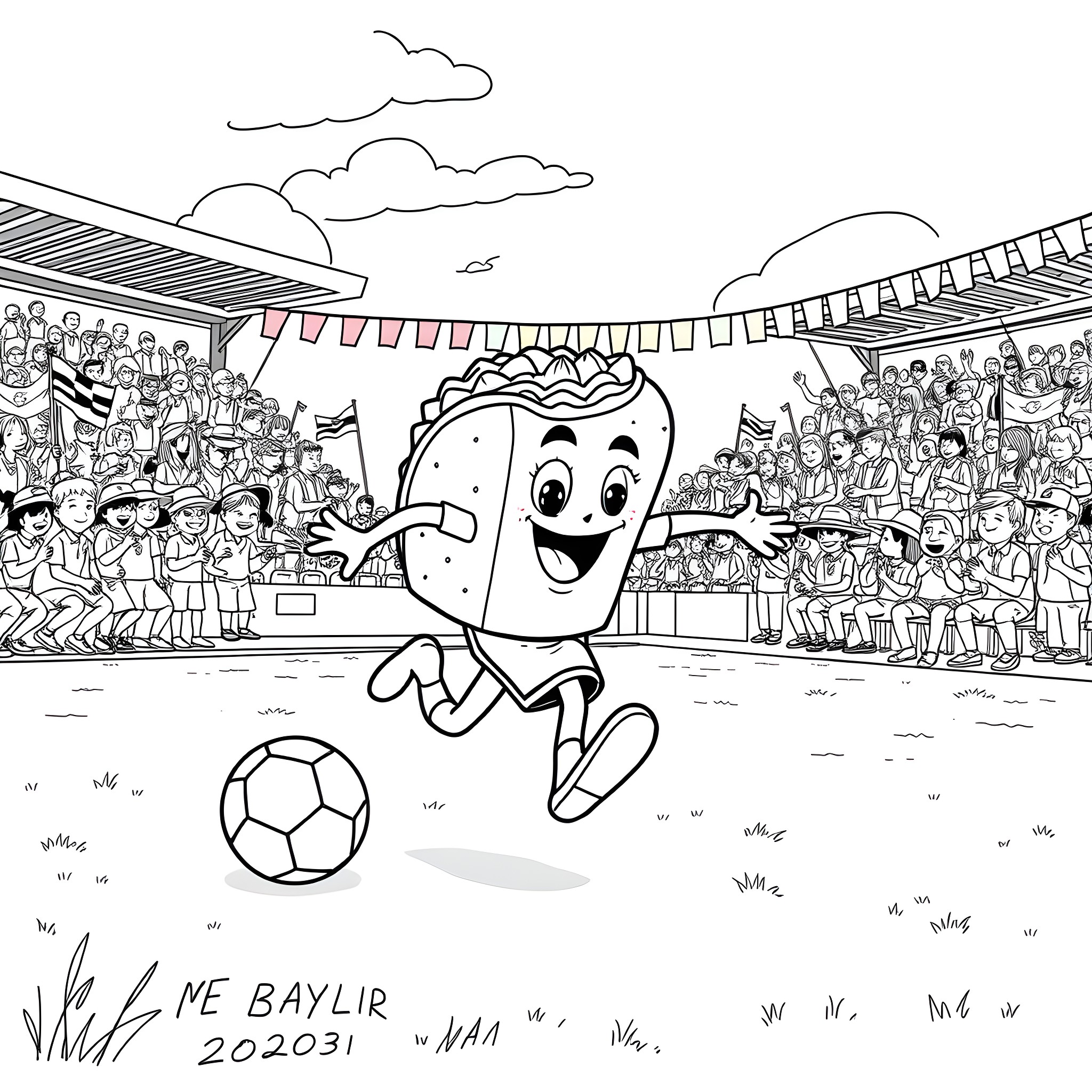 Taco having a lively soccer match with a cheering crowd Coloring Page (free black-and-white line drawing printable PDF for all, from beginners to advanced learners, including children, teens, adults, and seniors)