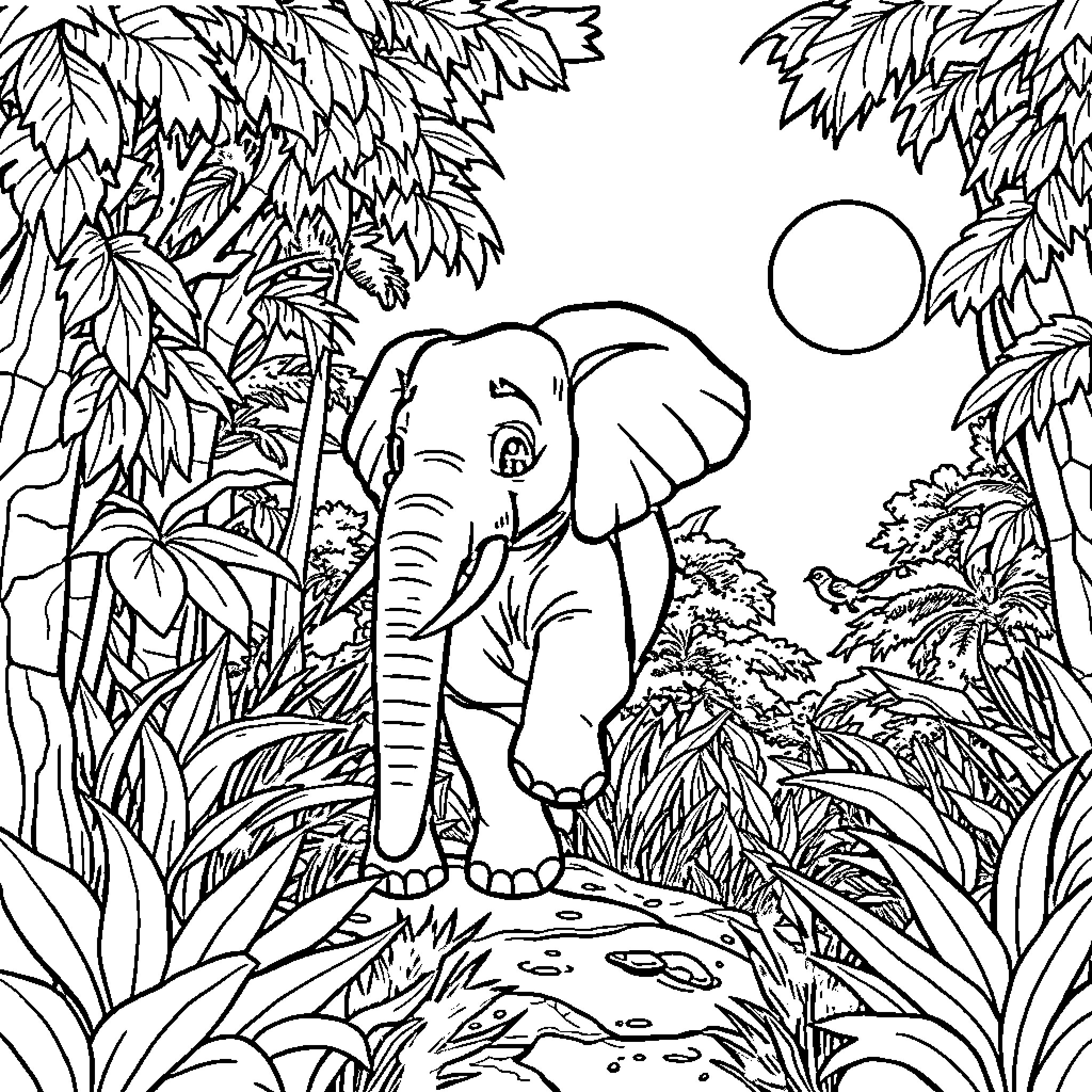 Elephant walking through lush jungle landscape Coloring Page (free black-and-white line drawing printable PDF for all, from beginners to advanced learners, including children, teens, adults, and seniors)