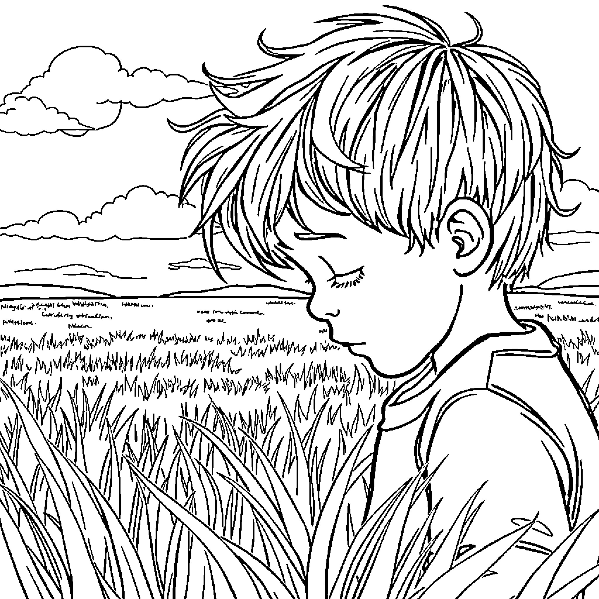 Boy enjoying the tranquil countryside landscape Coloring Page (free black-and-white line drawing printable PDF for all, from beginners to advanced learners, including children, teens, adults, and seniors)