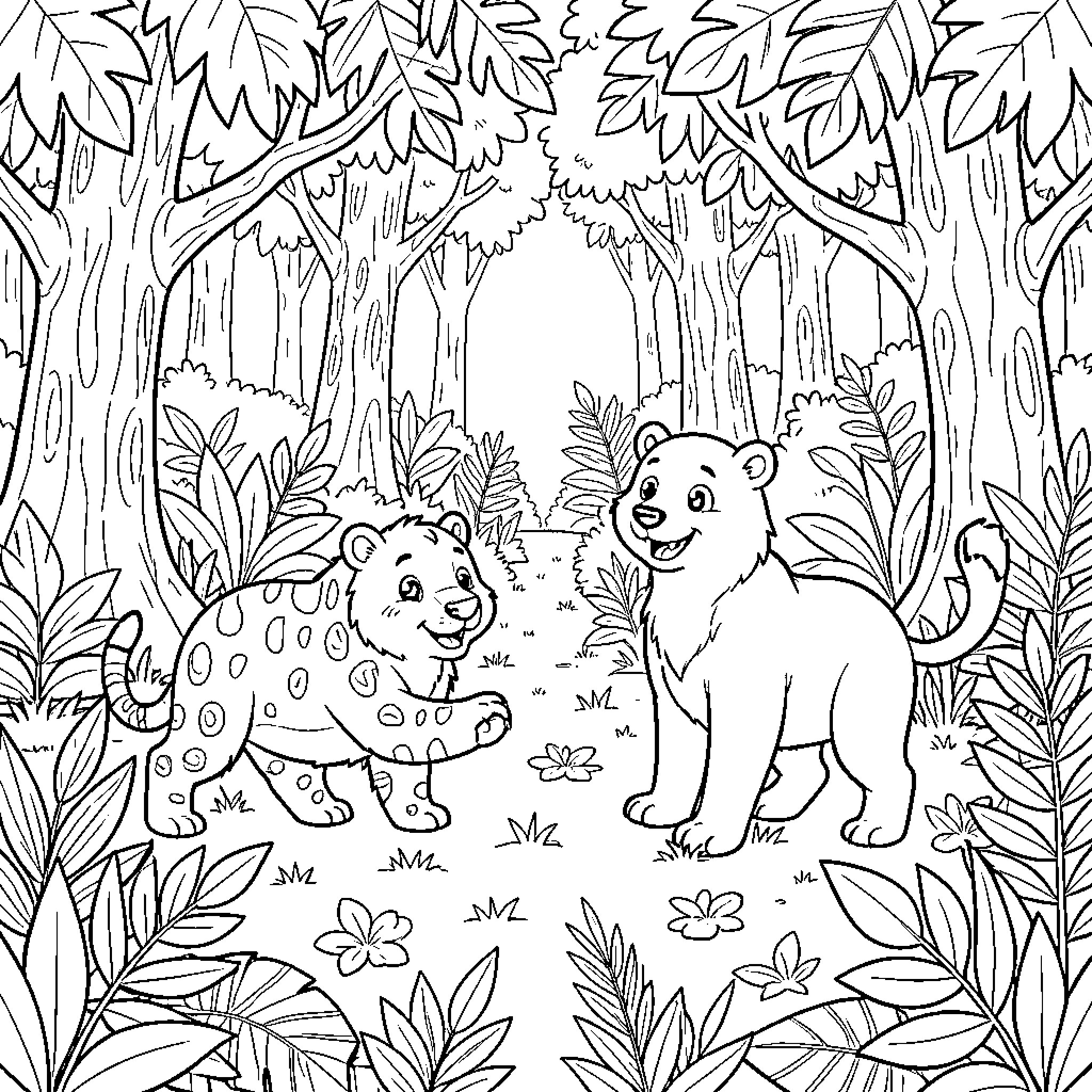 Jungle Animals Playing in the Forest Coloring Page (free black-and-white line drawing printable PDF for all, from beginners to advanced learners, including children, teens, adults, and seniors)