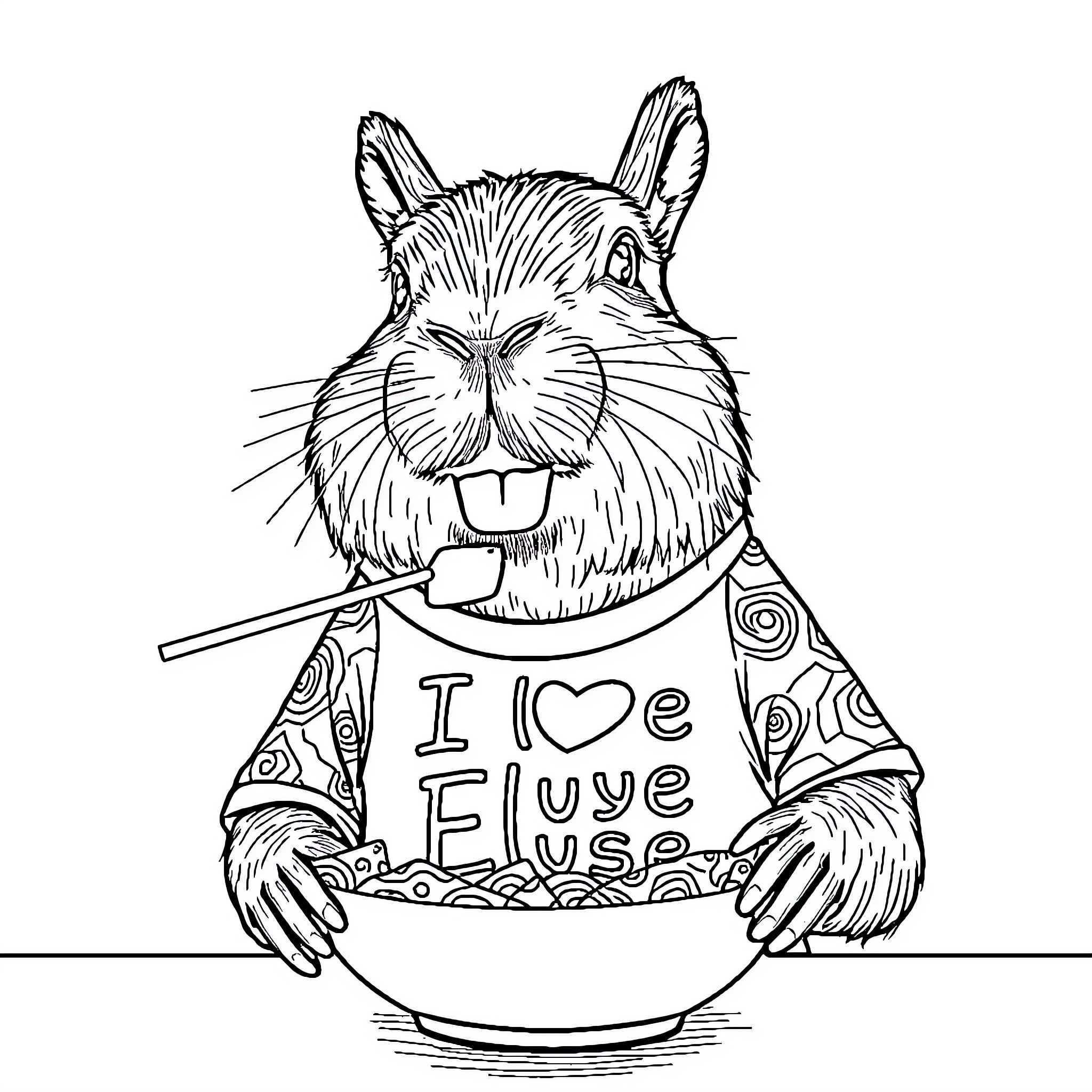 Capybara enjoying a bowl of fluye fluye Coloring Page (free black-and-white line drawing printable PDF for all, from beginners to advanced learners, including children, teens, adults, and seniors)