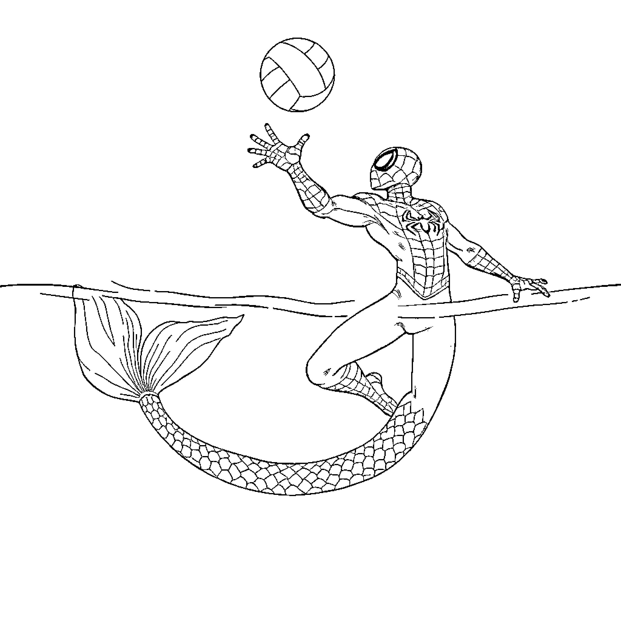 Spiderman Mermaid Playing Volleyball Underwater Coloring Page (free black-and-white line drawing printable PDF for all, from beginners to advanced learners, including children, teens, adults, and seniors)