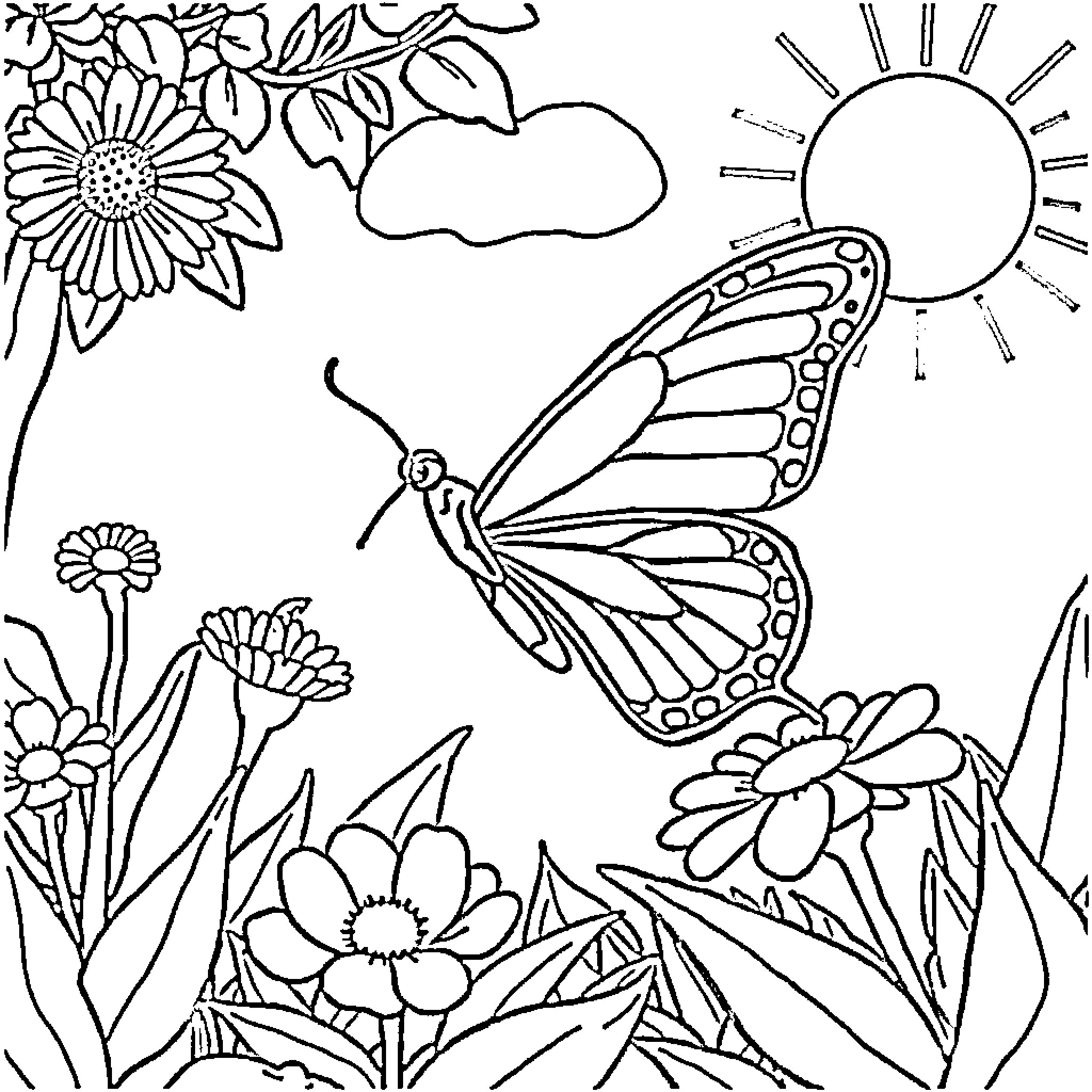 Butterfly dancing among the flowers Coloring Page (free black-and-white line drawing printable PDF for all, from beginners to advanced learners, including children, teens, adults, and seniors)