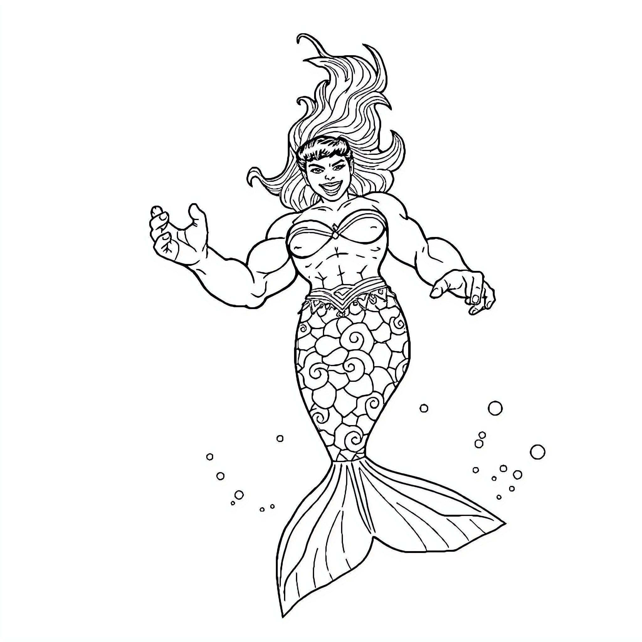 Hulk Mermaid Swimming Joyfully Underwater Coloring Page (free black-and-white line drawing printable PDF for all, from beginners to advanced learners, including children, teens, adults, and seniors)