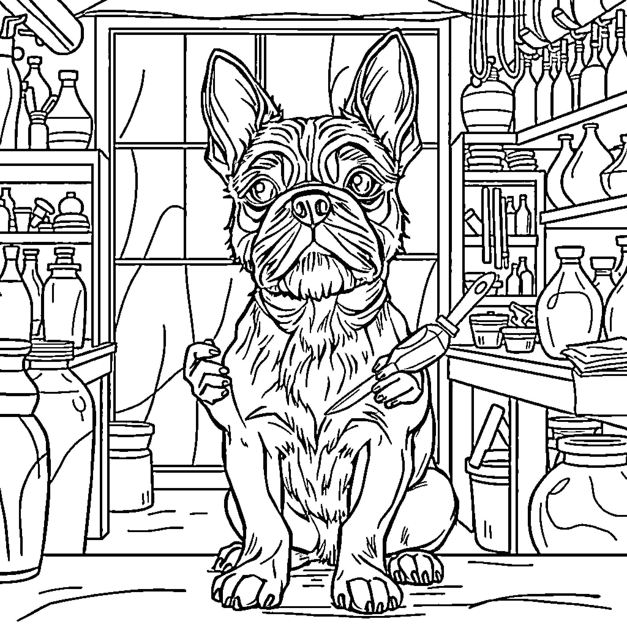 Brussell's Griffon in a well-stocked kitchen Coloring Page (free black-and-white line drawing printable PDF for all, from beginners to advanced learners, including children, teens, adults, and seniors)