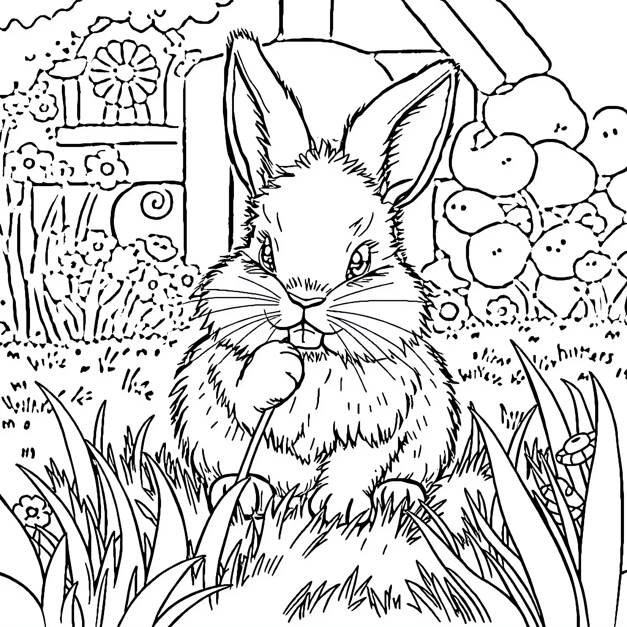 Bunny in a lush garden Coloring Page (free black-and-white line drawing printable PDF for all, from beginners to advanced learners, including children, teens, adults, and seniors)