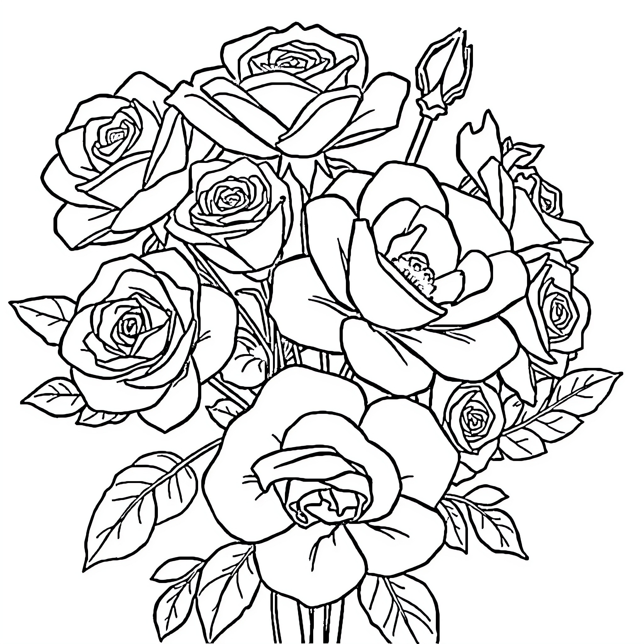 Rose Bouquet Artistic Illustration Coloring Page (free black-and-white line drawing printable PDF for all, from beginners to advanced learners, including children, teens, adults, and seniors)