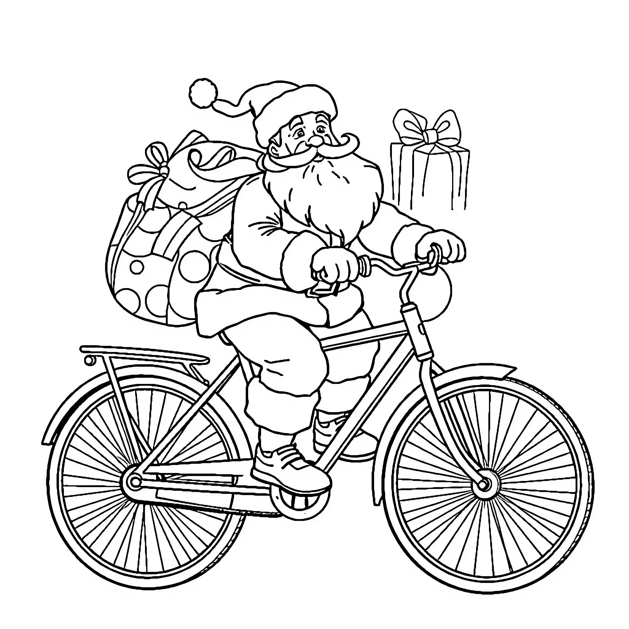 Santa Claus riding a bicycle with a gift Coloring Page (free black-and-white line drawing printable PDF for all, from beginners to advanced learners, including children, teens, adults, and seniors)