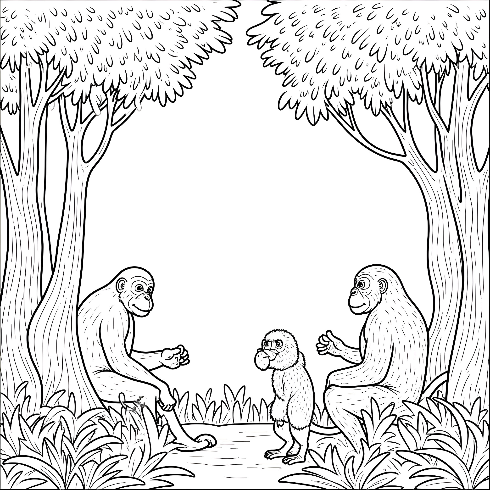 Animal family in the forest Coloring Page (free black-and-white line drawing printable PDF for all, from beginners to advanced learners, including children, teens, adults, and seniors)