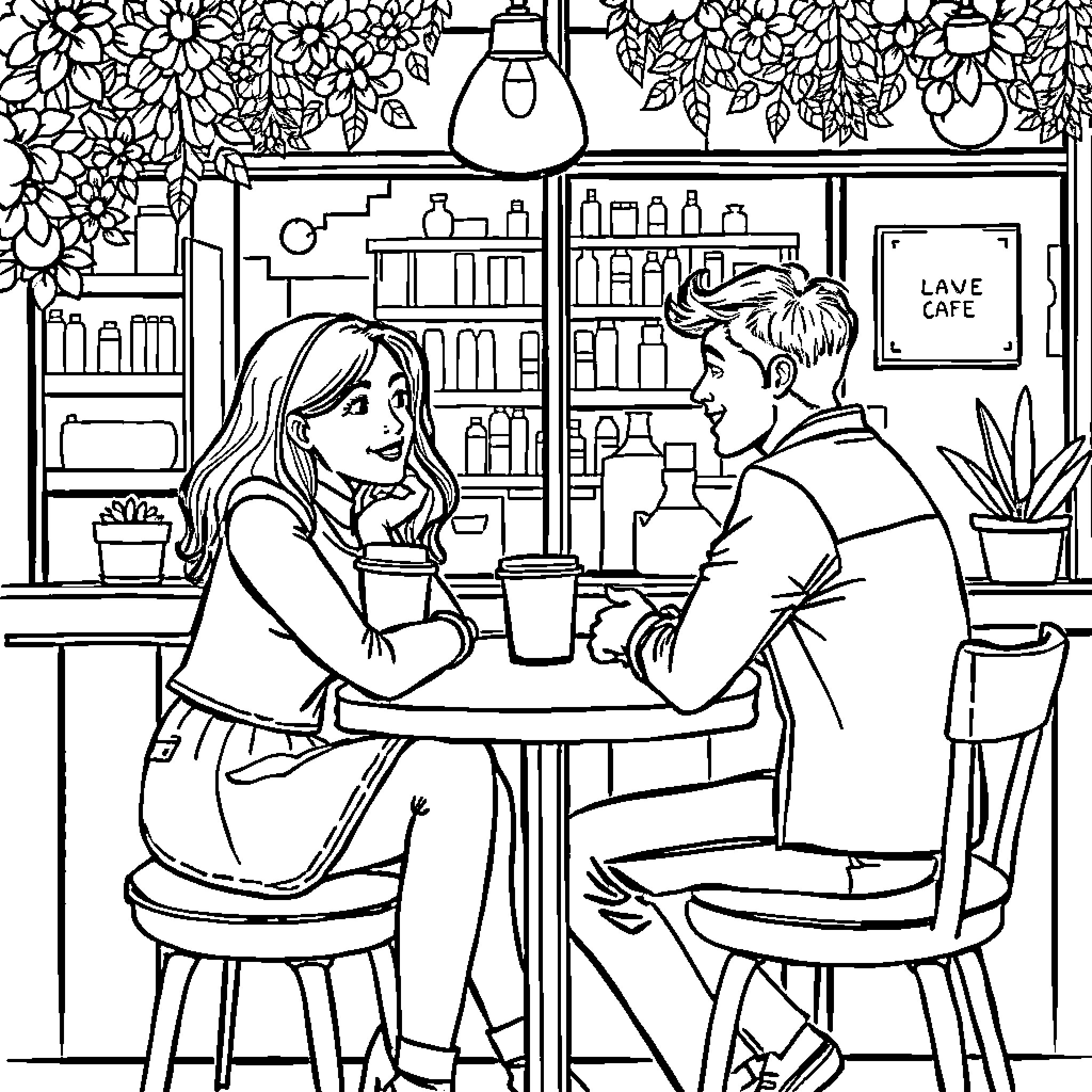 Cat cafe scene with a pair of customers Coloring Page (free black-and-white line drawing printable PDF for all, from beginners to advanced learners, including children, teens, adults, and seniors)