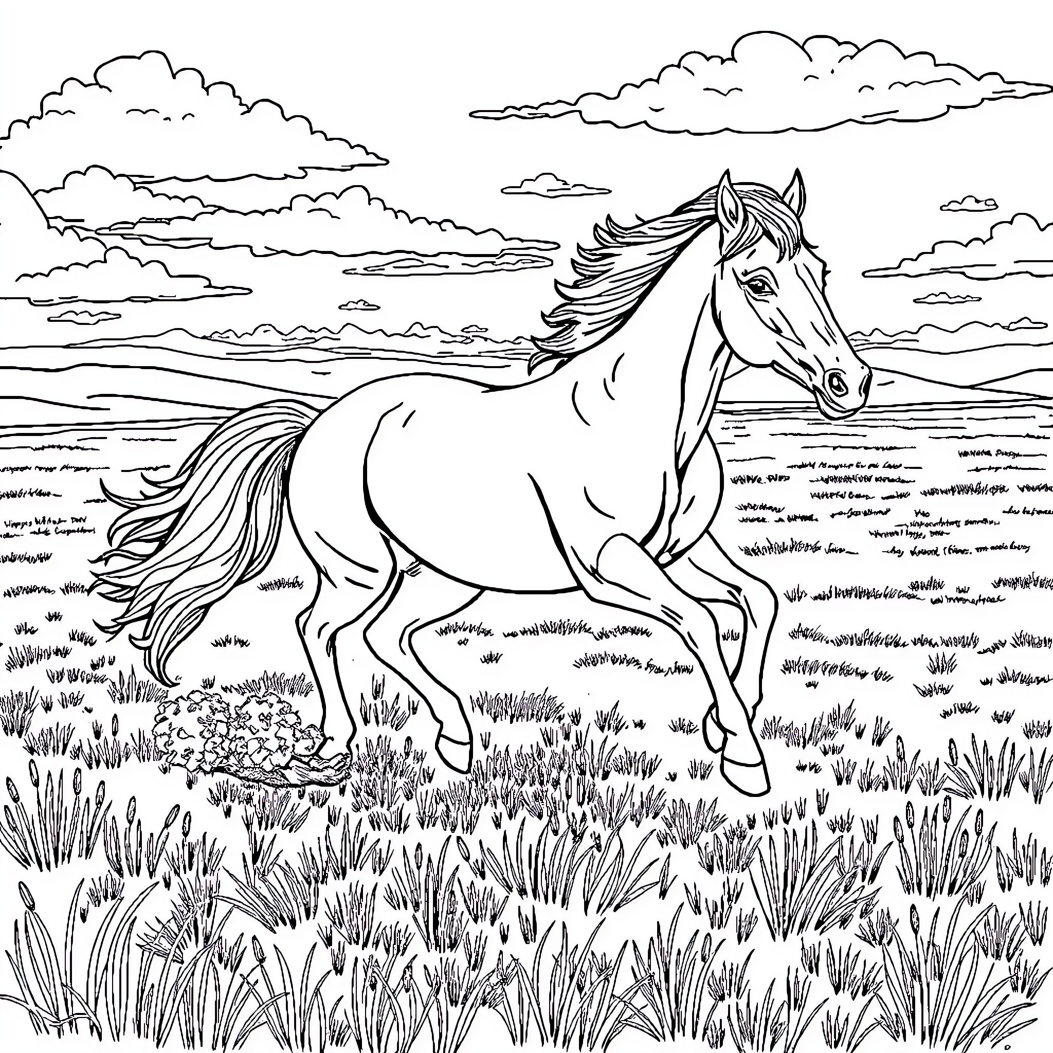 Horse galloping gracefully through the meadow Coloring Page (free black-and-white line drawing printable PDF for all, from beginners to advanced learners, including children, teens, adults, and seniors)