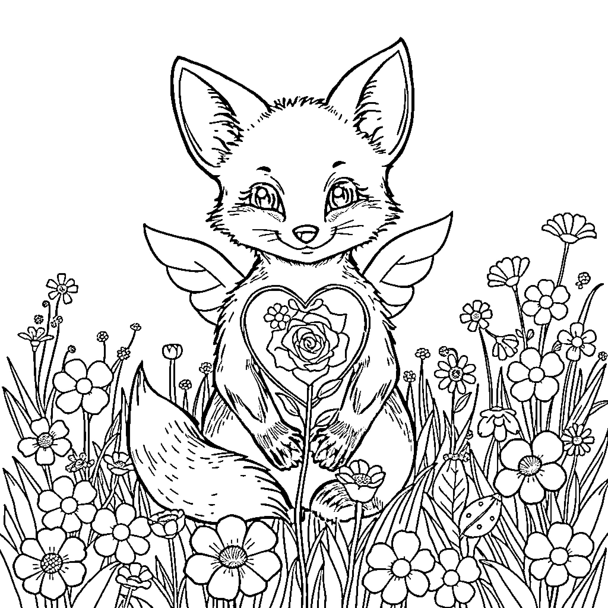 Fox surrounded by blooming flowers in a garden Coloring Page (free black-and-white line drawing printable PDF for all, from beginners to advanced learners, including children, teens, adults, and seniors)