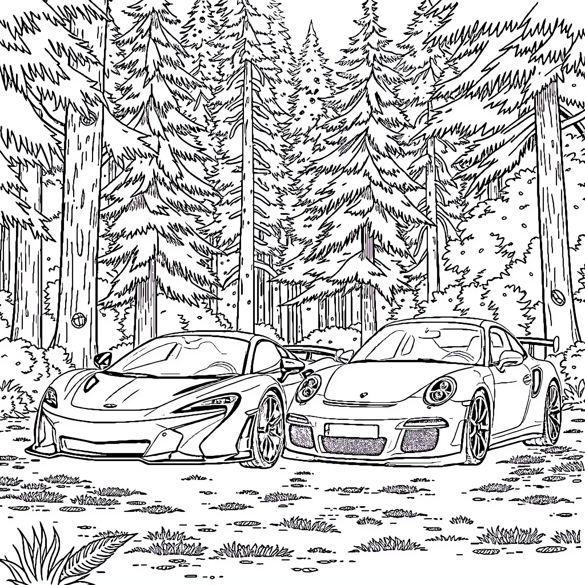 Cars parked in the forest Coloring Page (free black-and-white line drawing printable PDF for all, from beginners to advanced learners, including children, teens, adults, and seniors)