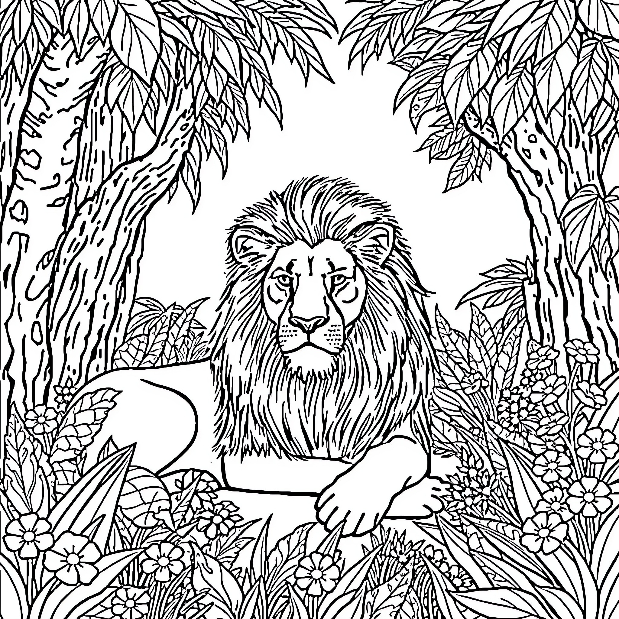 Lion resting amidst lush foliage Coloring Page (free black-and-white line drawing printable PDF for all, from beginners to advanced learners, including children, teens, adults, and seniors)