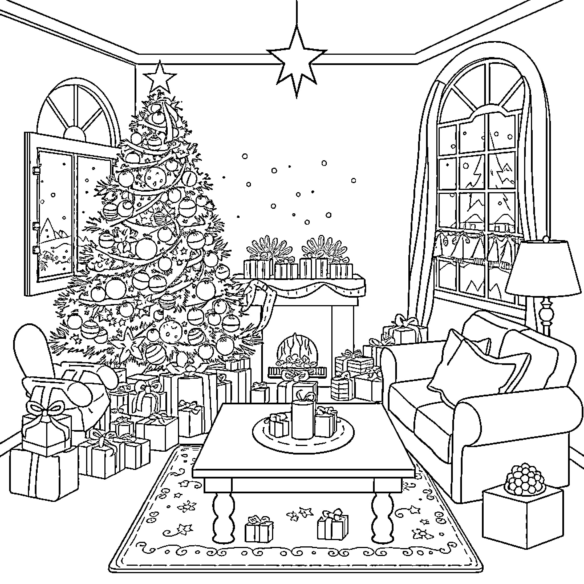 Christmas Celebration in Cozy Living Room Coloring Page (free black-and-white line drawing printable PDF for all, from beginners to advanced learners, including children, teens, adults, and seniors)