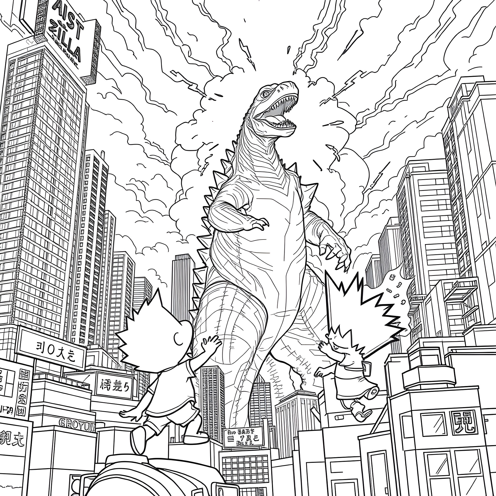 Godzilla wreaking havoc in the city Coloring Page (free black-and-white line drawing printable PDF for all, from beginners to advanced learners, including children, teens, adults, and seniors)