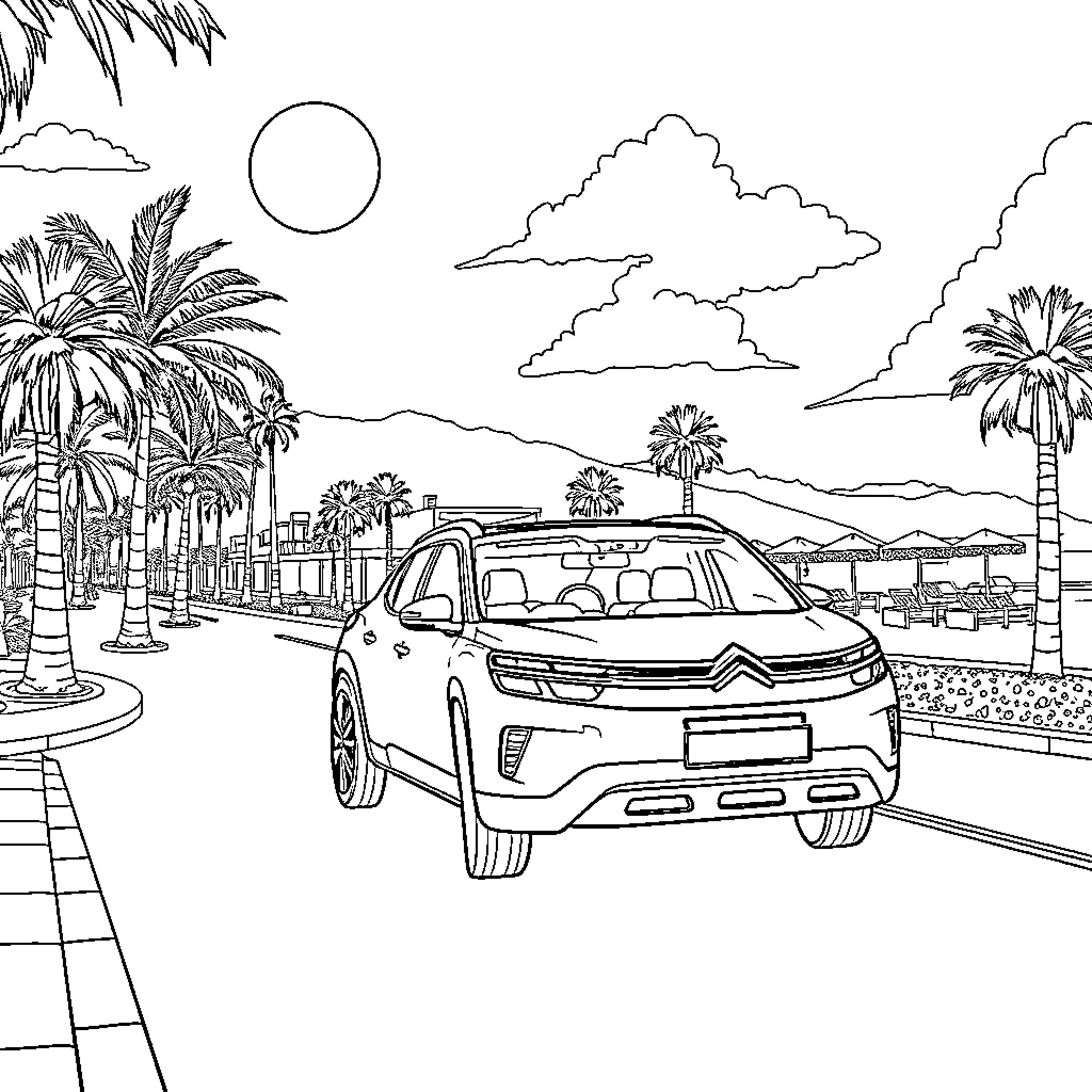Citroen SUV cruising down tropical beachfront avenue Coloring Page (free black-and-white line drawing printable PDF for all, from beginners to advanced learners, including children, teens, adults, and seniors)