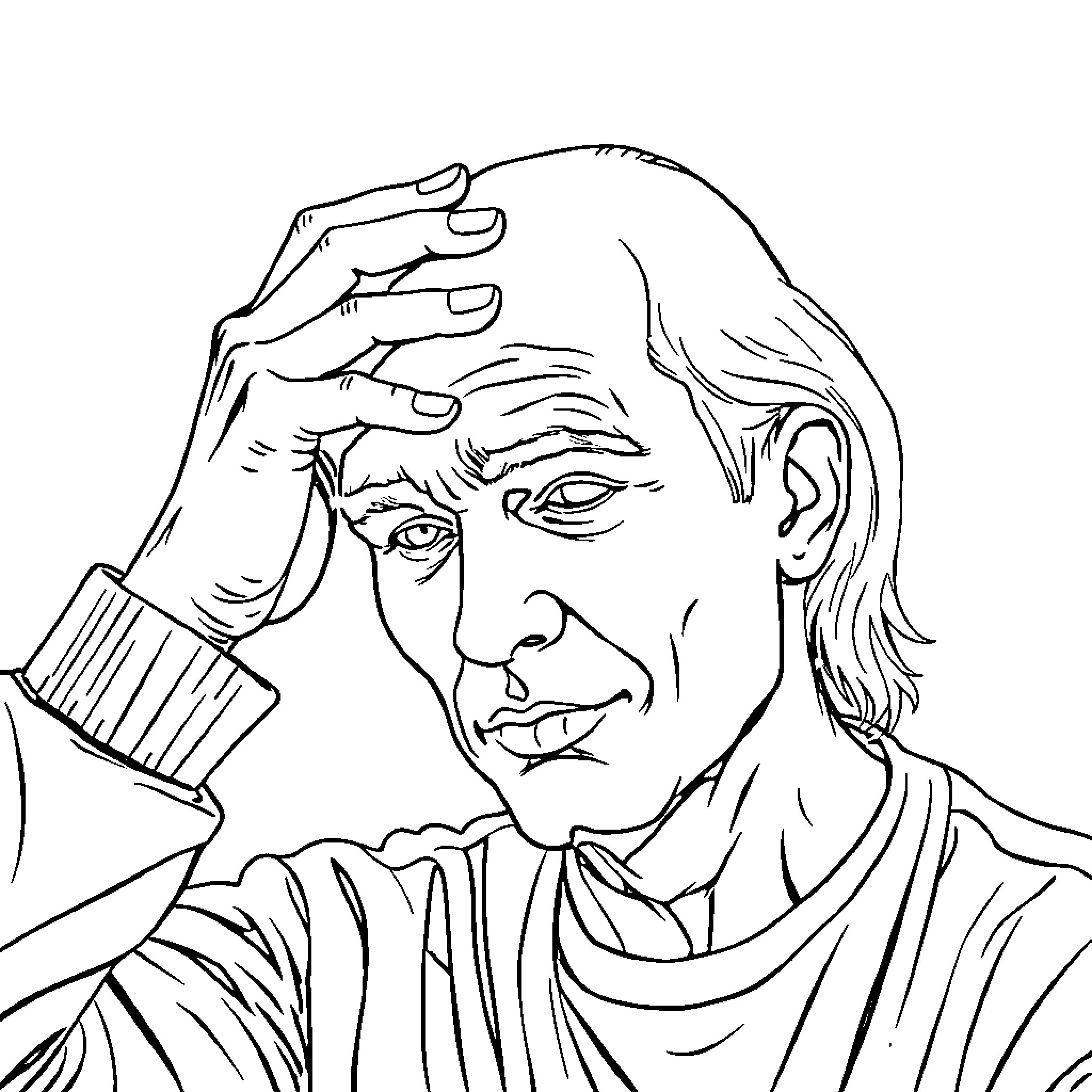 Persona of a thoughtful man in contemplation Coloring Page (free black-and-white line drawing printable PDF for all, from beginners to advanced learners, including children, teens, adults, and seniors)