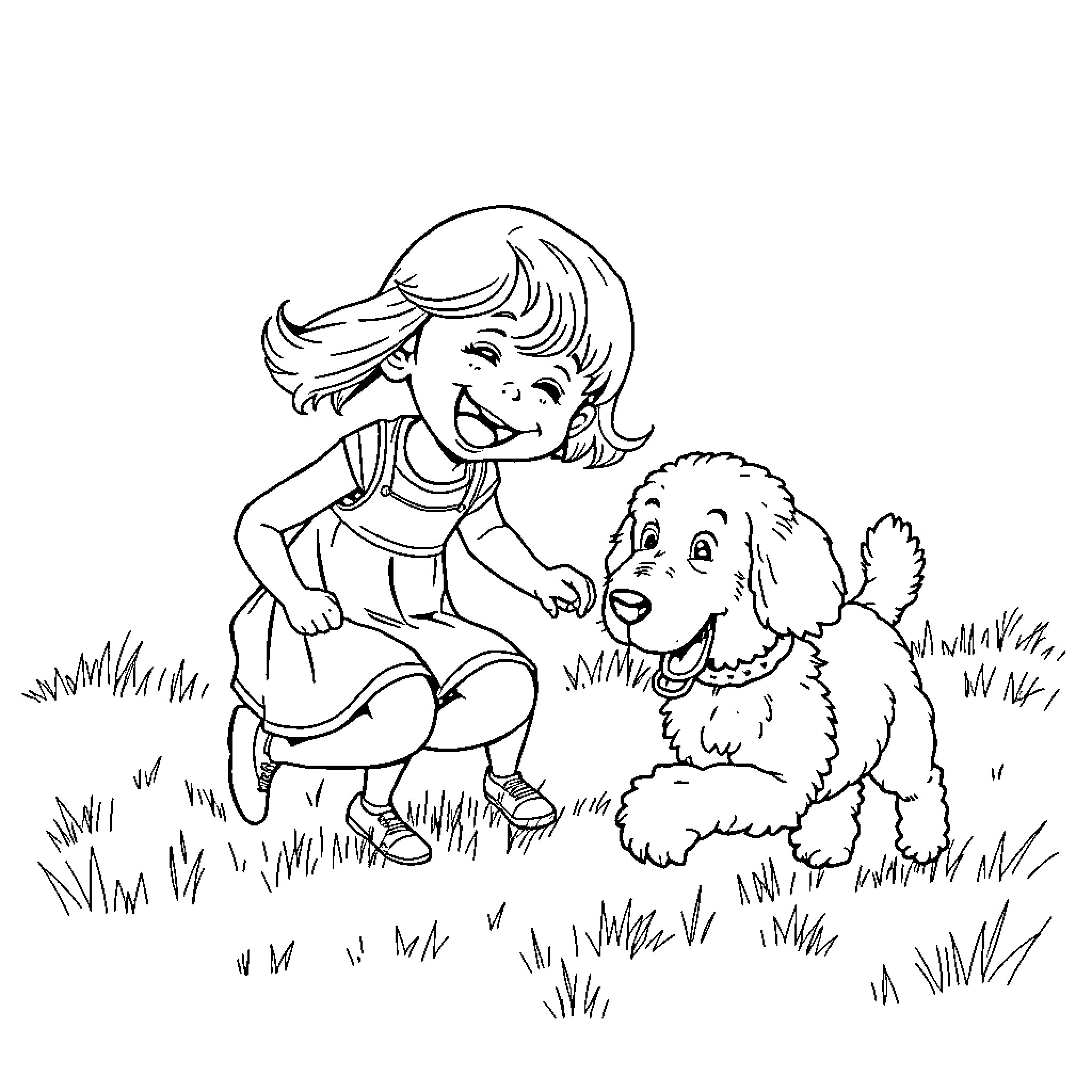 Girl playing happily with her pet dog in the park Coloring Page (free black-and-white line drawing printable PDF for all, from beginners to advanced learners, including children, teens, adults, and seniors)