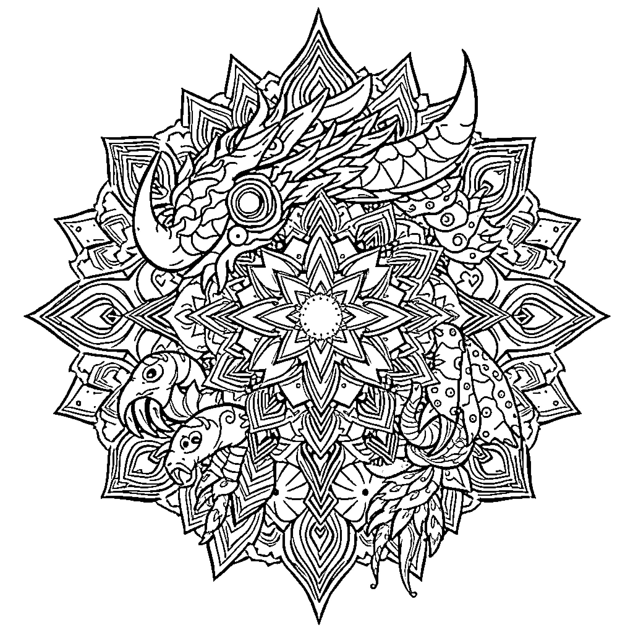 Mandala with intricate mythical creature design Coloring Page (free black-and-white line drawing printable PDF for all, from beginners to advanced learners, including children, teens, adults, and seniors)