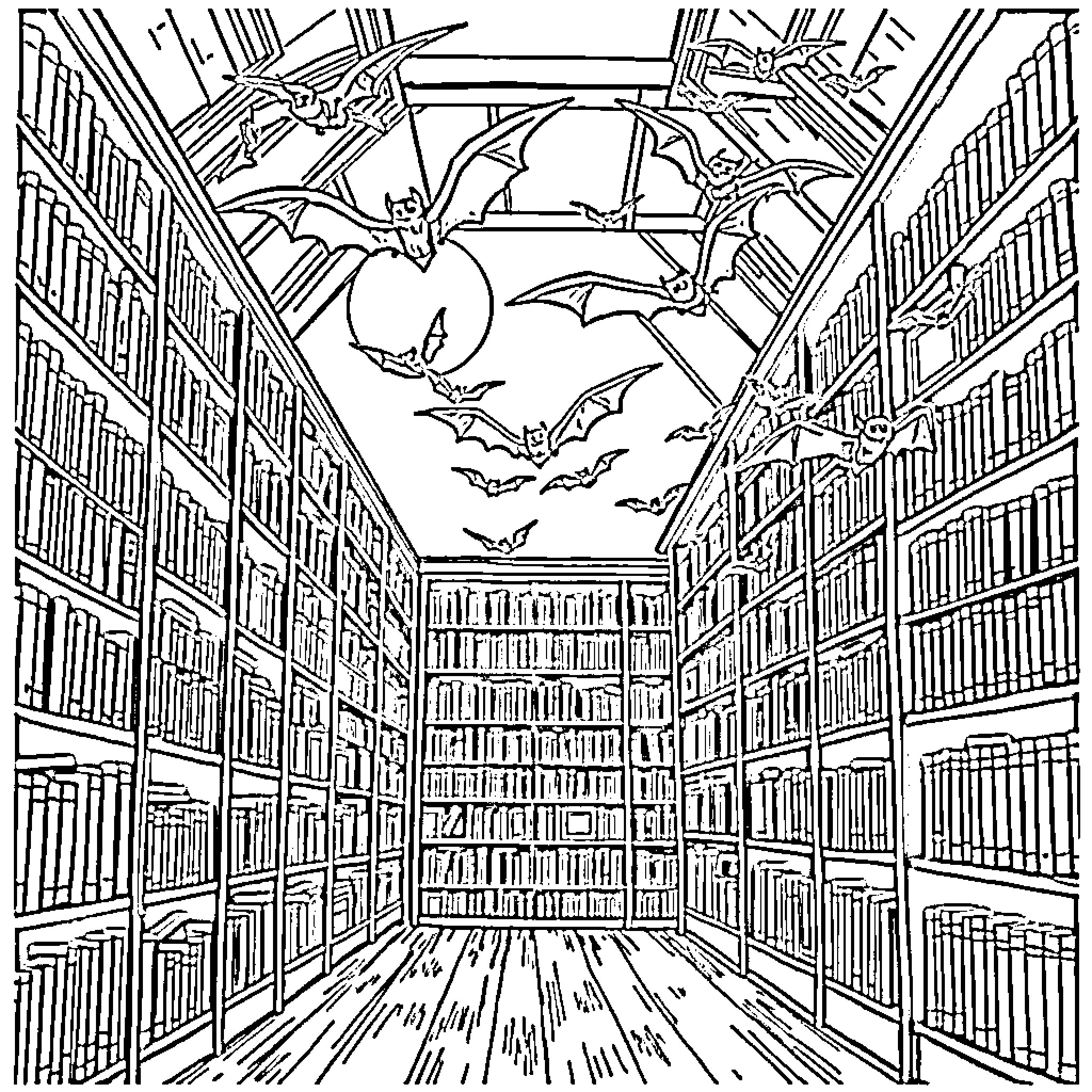 Bat colony invading the library Coloring Page (free black-and-white line drawing printable PDF for all, from beginners to advanced learners, including children, teens, adults, and seniors)