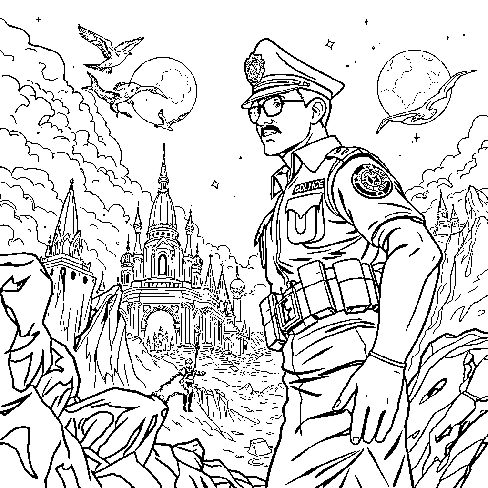 Singham: Heroic Protector Stands Tall in Fantastical Realm Coloring Page (free black-and-white line drawing printable PDF for all, from beginners to advanced learners, including children, teens, adults, and seniors)