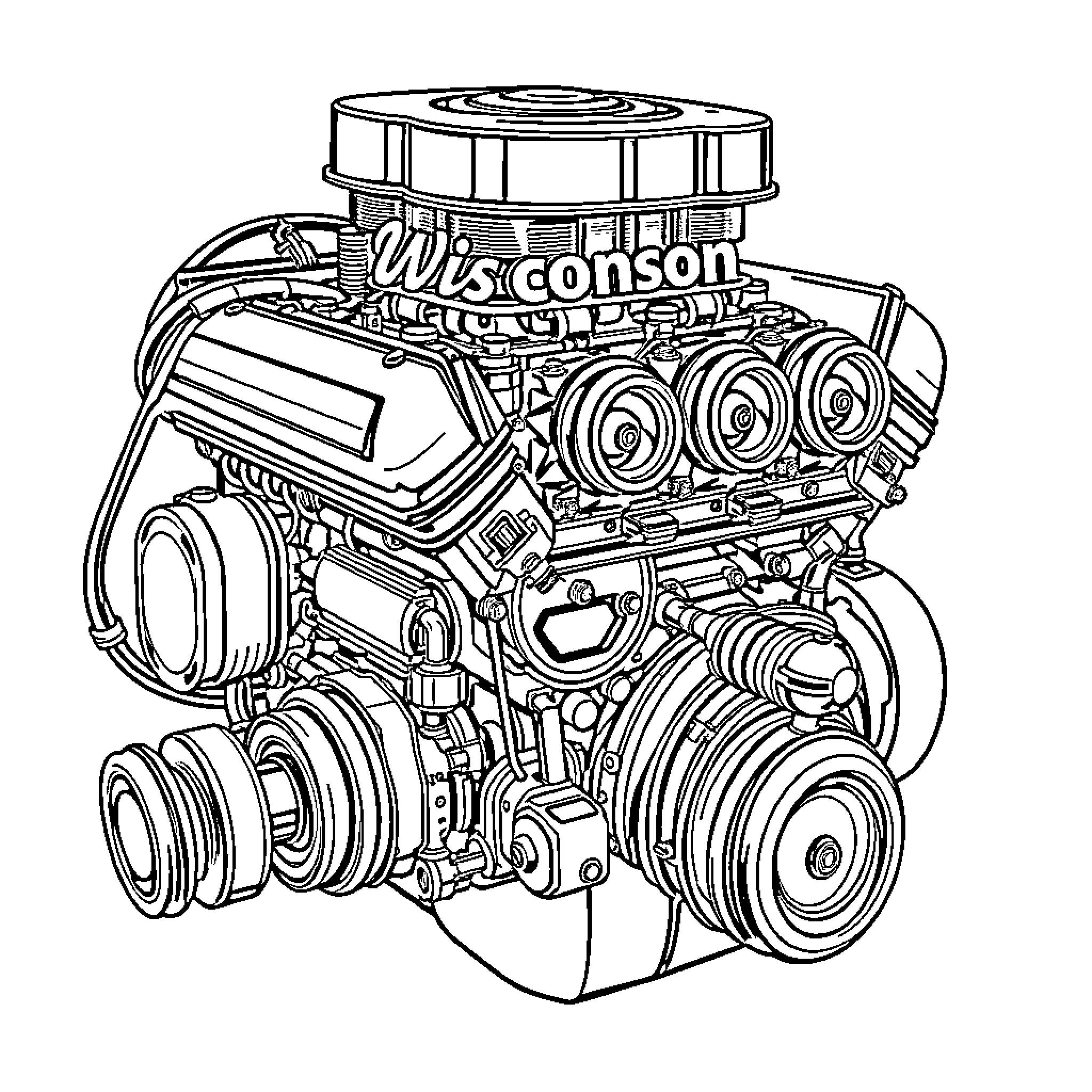 Engine with intricate design and components Coloring Page (free black-and-white line drawing printable PDF for all, from beginners to advanced learners, including children, teens, adults, and seniors)