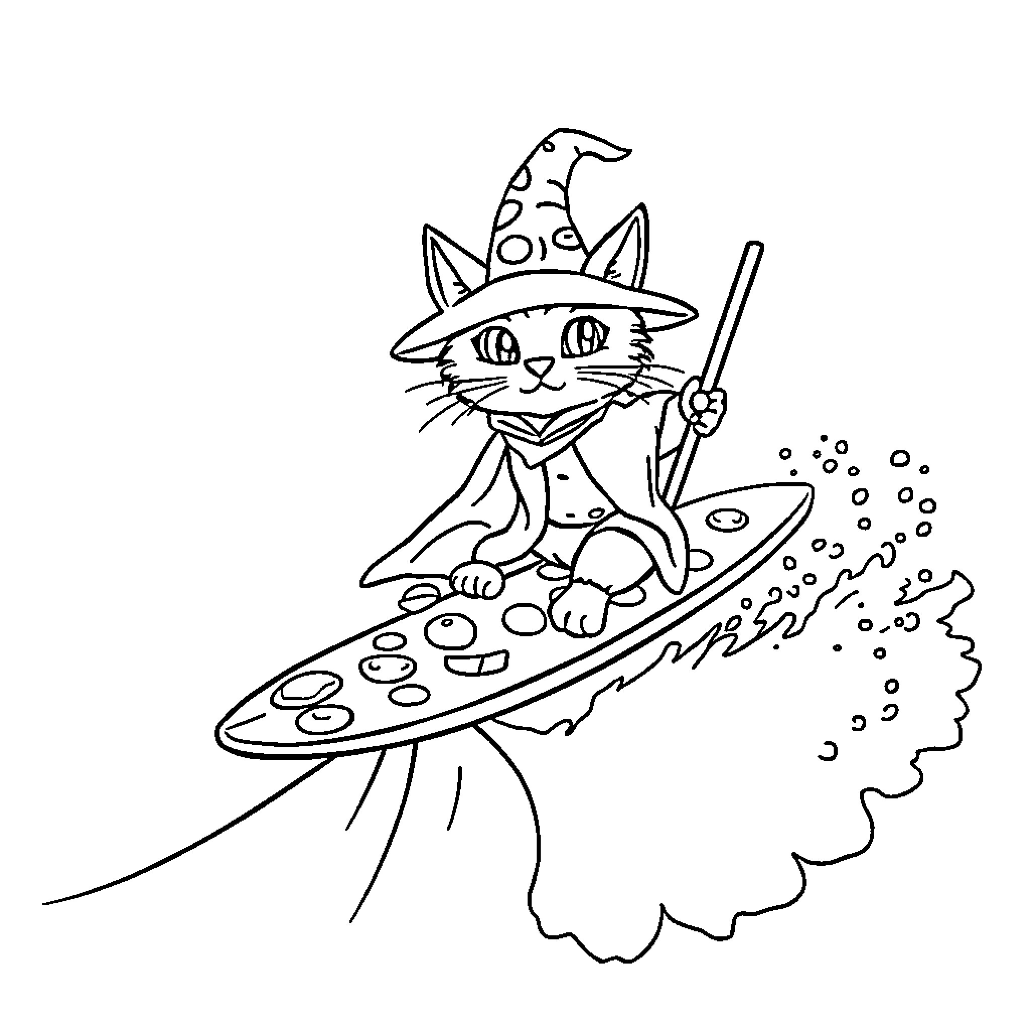 Cat riding a magic broom with bubbles Coloring Page (free black-and-white line drawing printable PDF for all, from beginners to advanced learners, including children, teens, adults, and seniors)