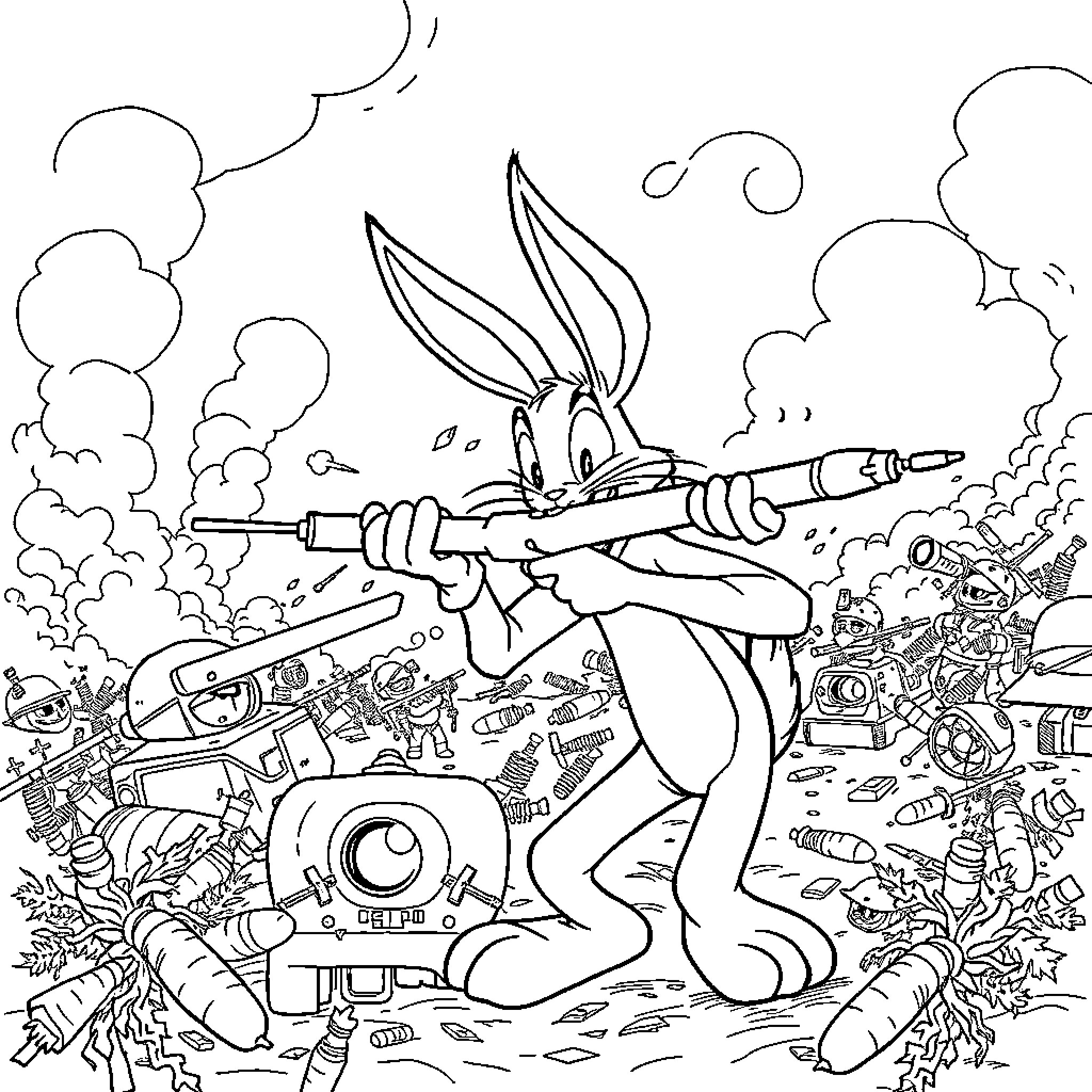 Bugs Bunny in an action-packed battle scene Coloring Page (free black-and-white line drawing printable PDF for all, from beginners to advanced learners, including children, teens, adults, and seniors)