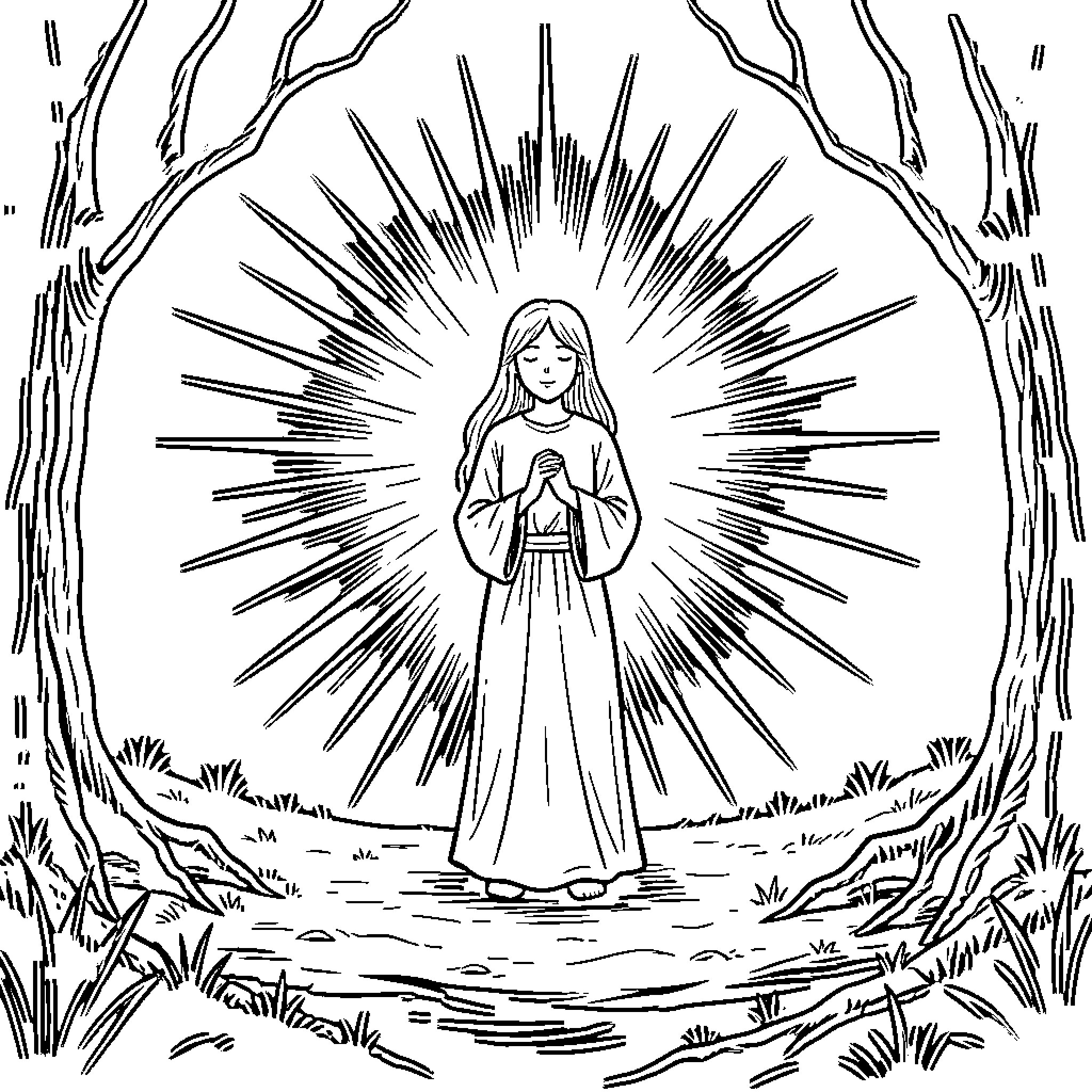 Light radiating behind a praying girl in a forest Coloring Page (free black-and-white line drawing printable PDF for all, from beginners to advanced learners, including children, teens, adults, and seniors)