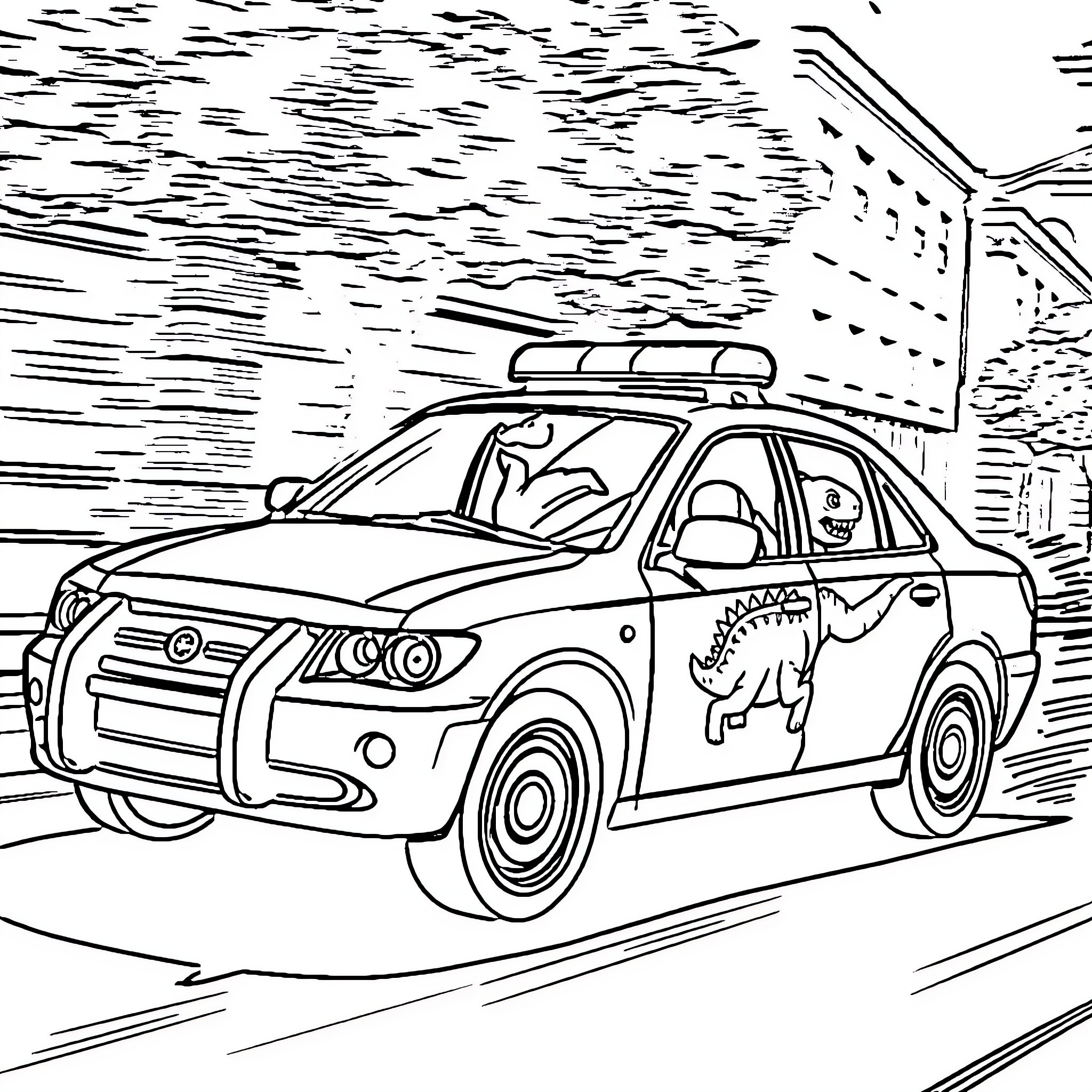 Dinosaur police car racing down the street Coloring Page (free black-and-white line drawing printable PDF for all, from beginners to advanced learners, including children, teens, adults, and seniors)