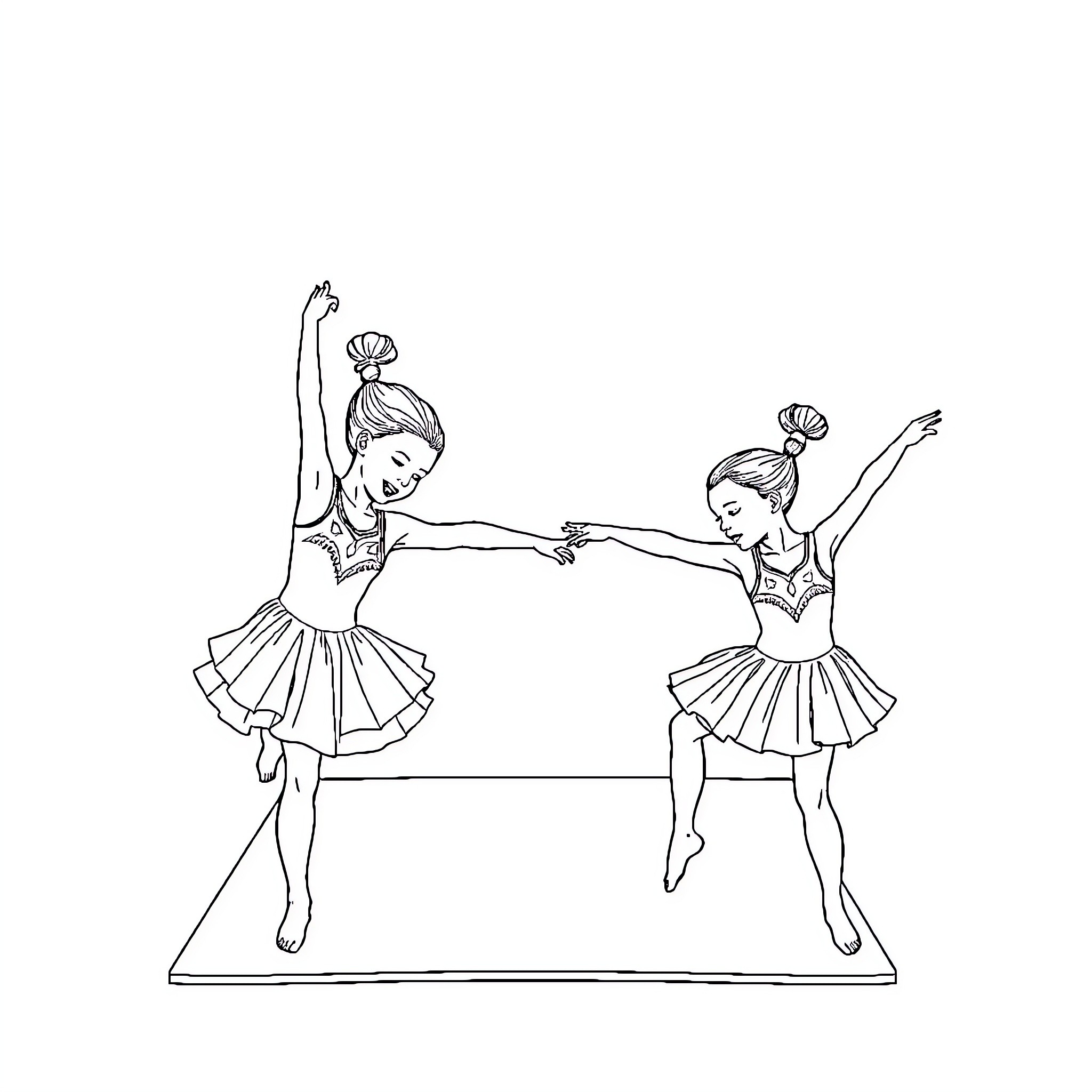 Girls performing ballet dance on stage Coloring Page (free black-and-white line drawing printable PDF for all, from beginners to advanced learners, including children, teens, adults, and seniors)