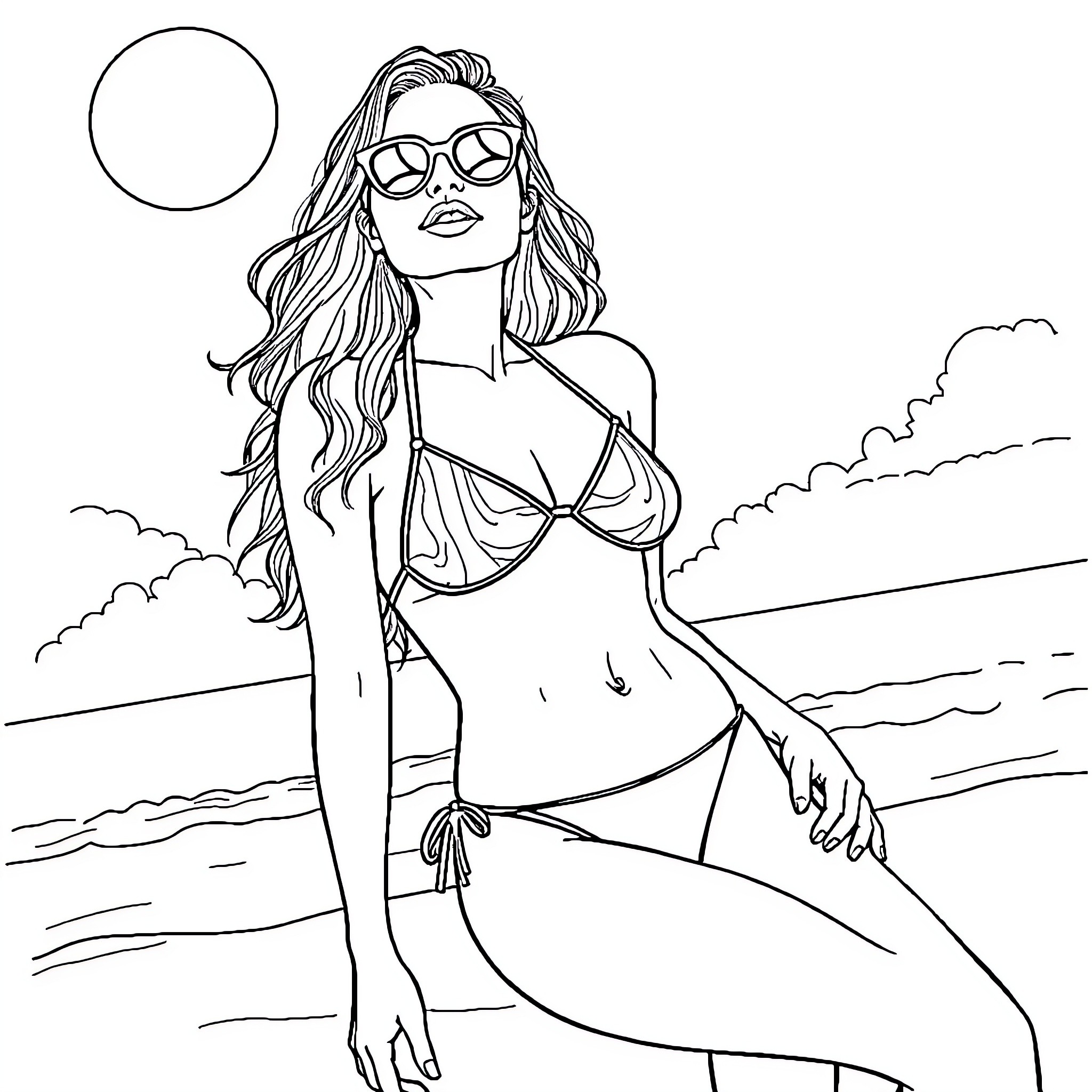 Woman relaxing on the beach in a bikini Coloring Page (free black-and-white line drawing printable PDF for all, from beginners to advanced learners, including children, teens, adults, and seniors)