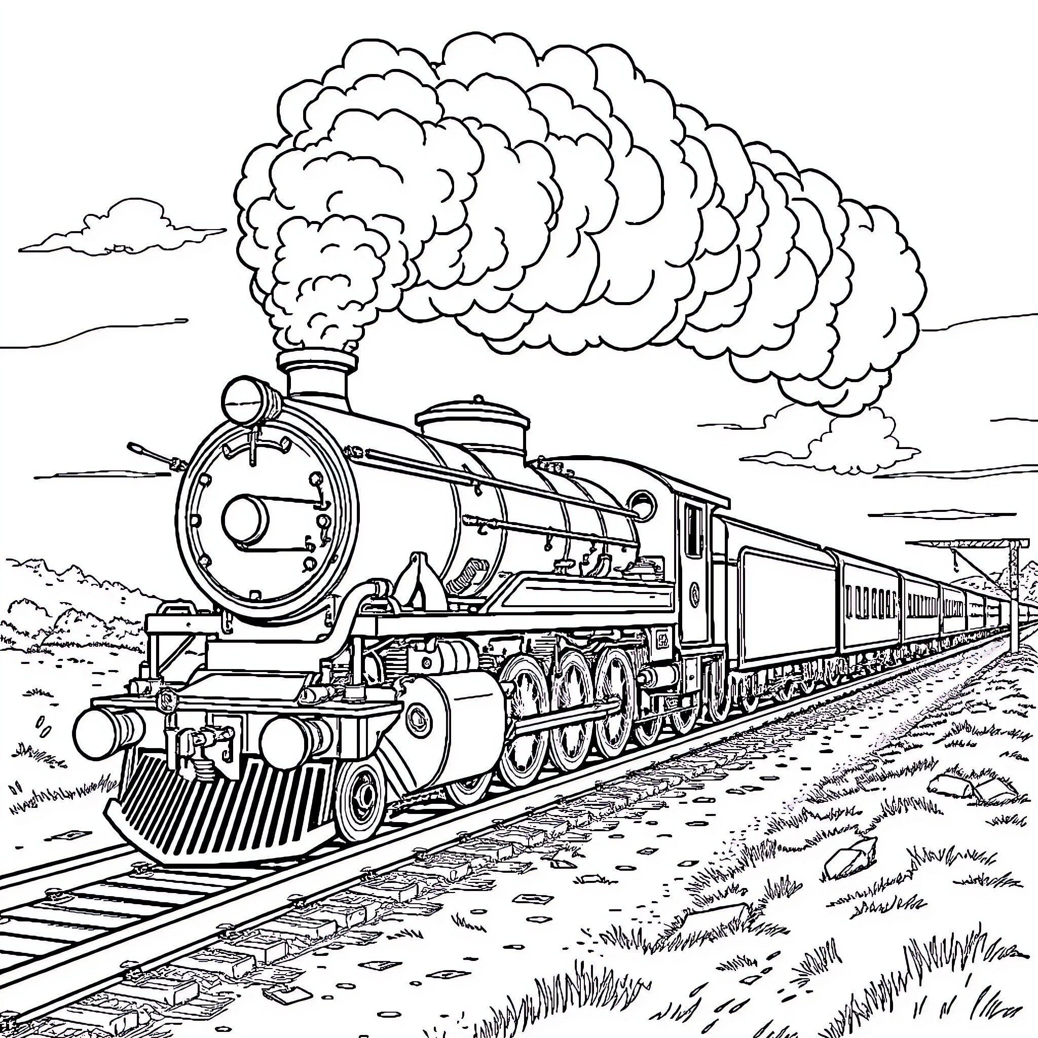 Locomotive speeding through the countryside Coloring Page (free black-and-white line drawing printable PDF for all, from beginners to advanced learners, including children, teens, adults, and seniors)