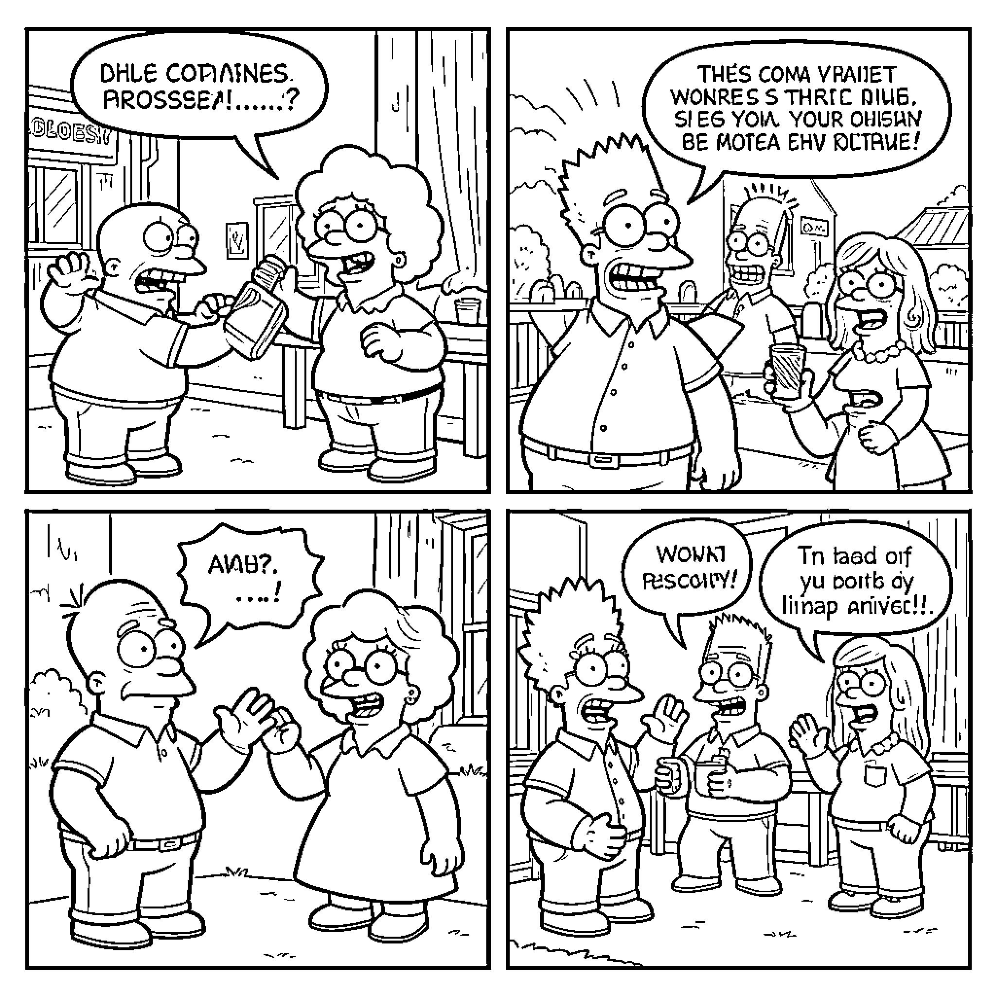 Simpsons characters interacting and talking in several comic panels Coloring Page (free black-and-white line drawing printable PDF for all, from beginners to advanced learners, including children, teens, adults, and seniors)