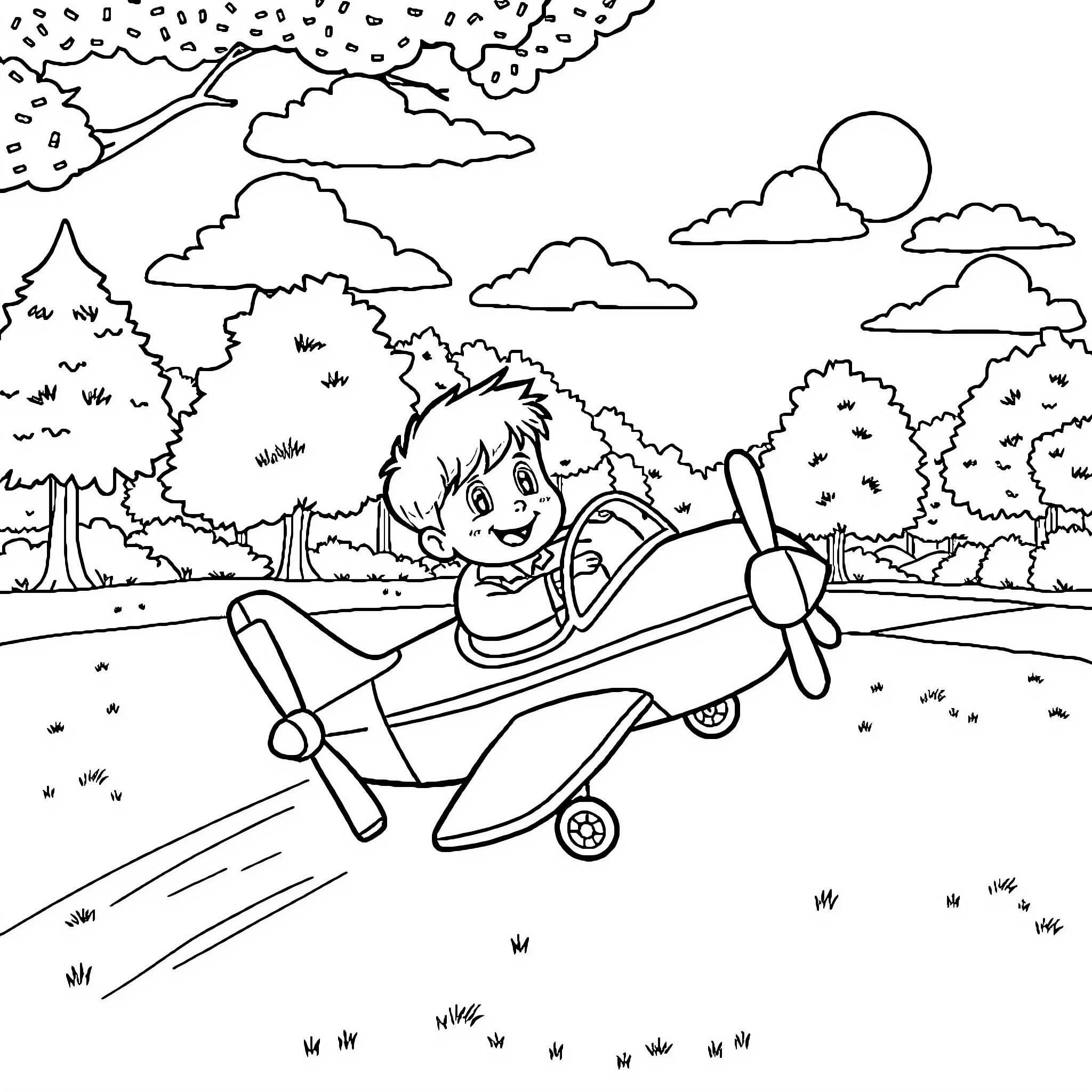 Kid playing happily in a toy plane Coloring Page (free black-and-white line drawing printable PDF for all, from beginners to advanced learners, including children, teens, adults, and seniors)