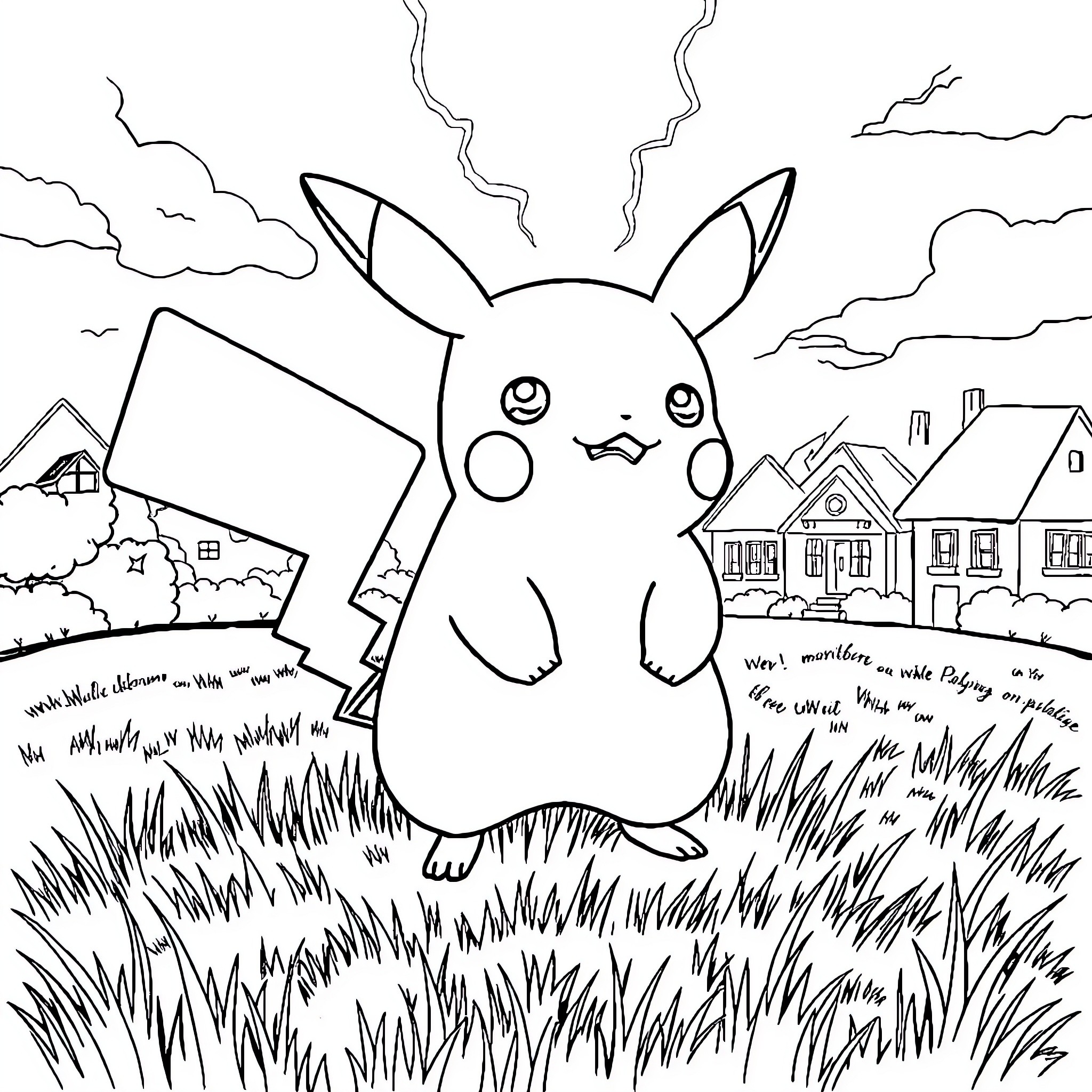 Pikachu enjoying the outdoors in a village setting Coloring Page (free black-and-white line drawing printable PDF for all, from beginners to advanced learners, including children, teens, adults, and seniors)