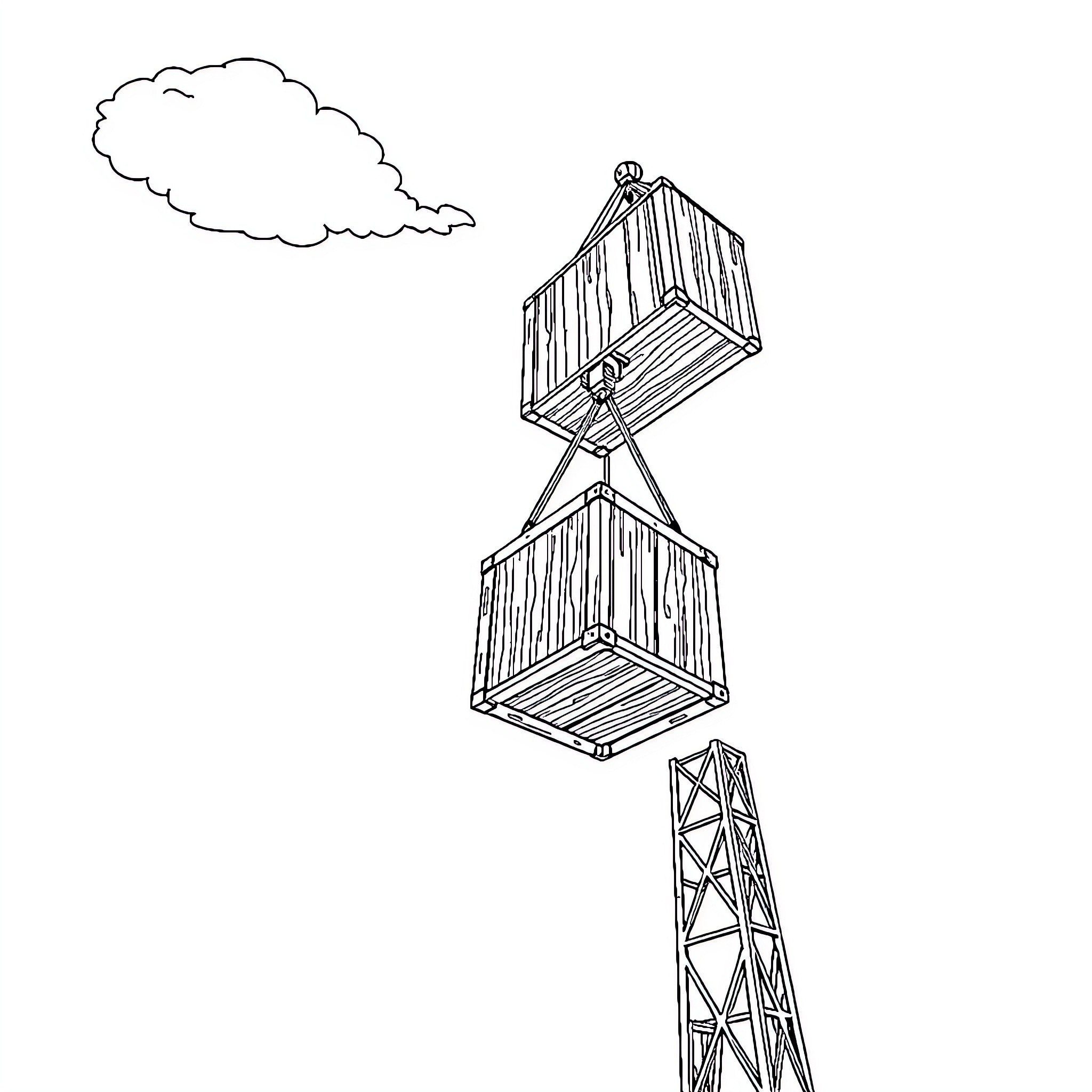 Crane lifting and transporting cargo containers Coloring Page (free black-and-white line drawing printable PDF for all, from beginners to advanced learners, including children, teens, adults, and seniors)