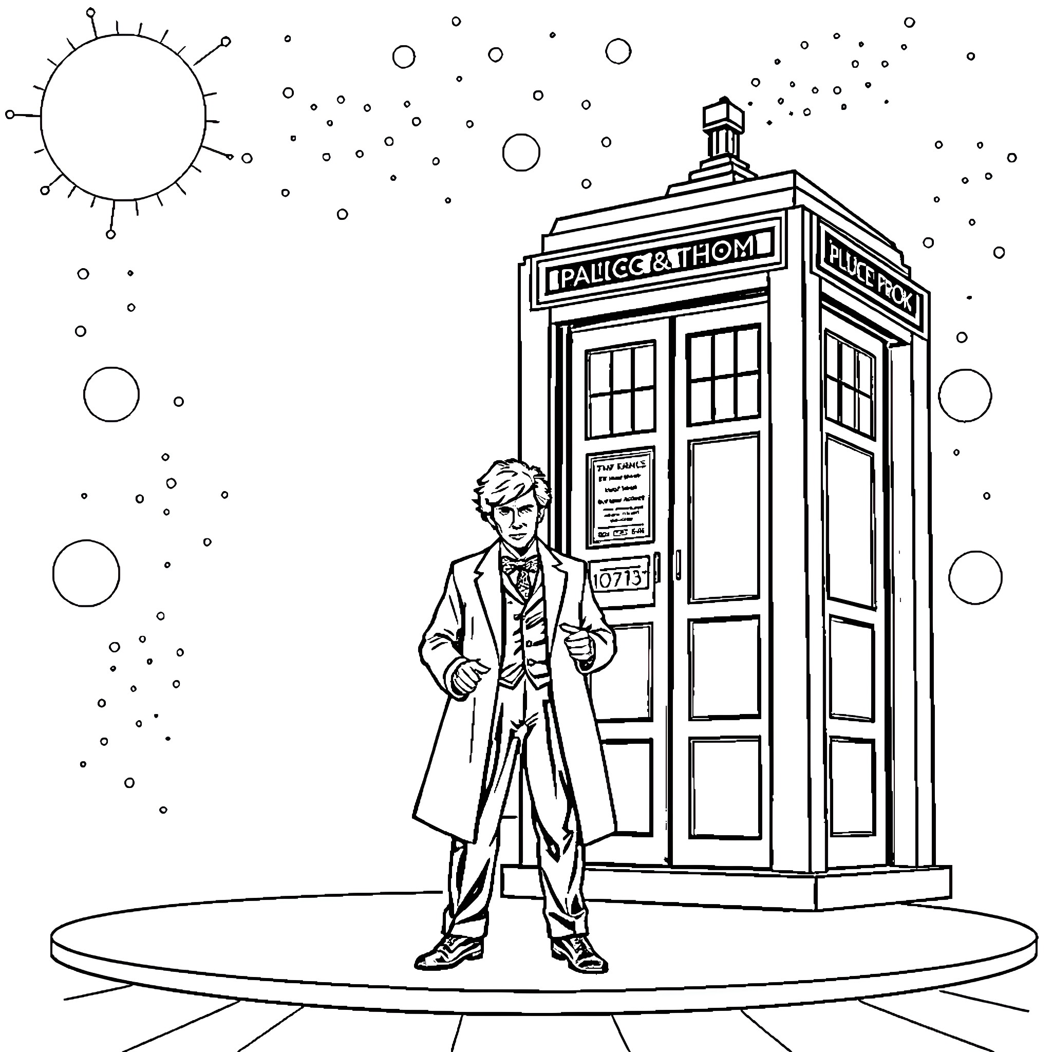 Doctor Who's Time-Traveling Adventures in the TARDIS Coloring Page (free black-and-white line drawing printable PDF for all, from beginners to advanced learners, including children, teens, adults, and seniors)
