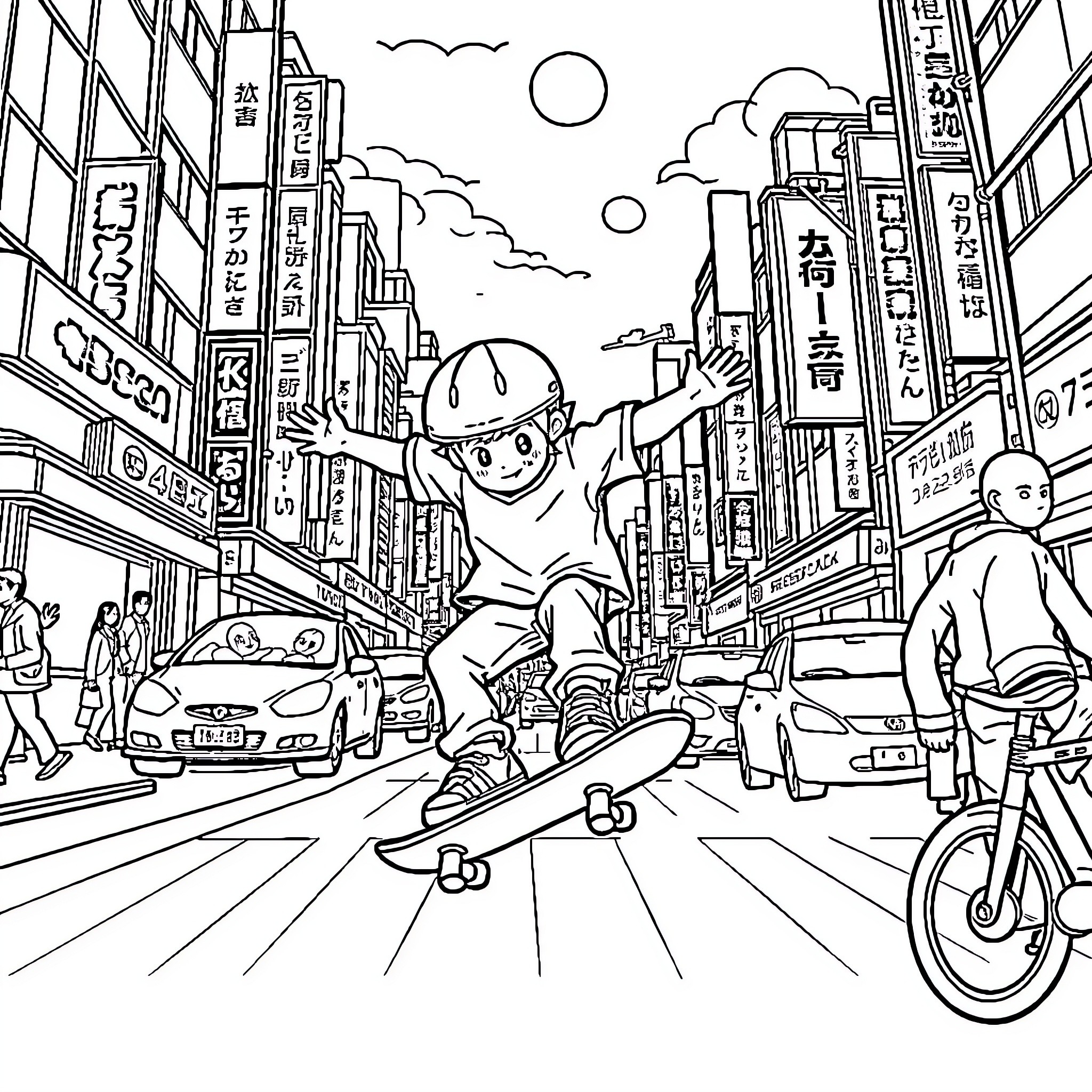 Skateboarder exploring bustling city streets Coloring Page (free black-and-white line drawing printable PDF for all, from beginners to advanced learners, including children, teens, adults, and seniors)