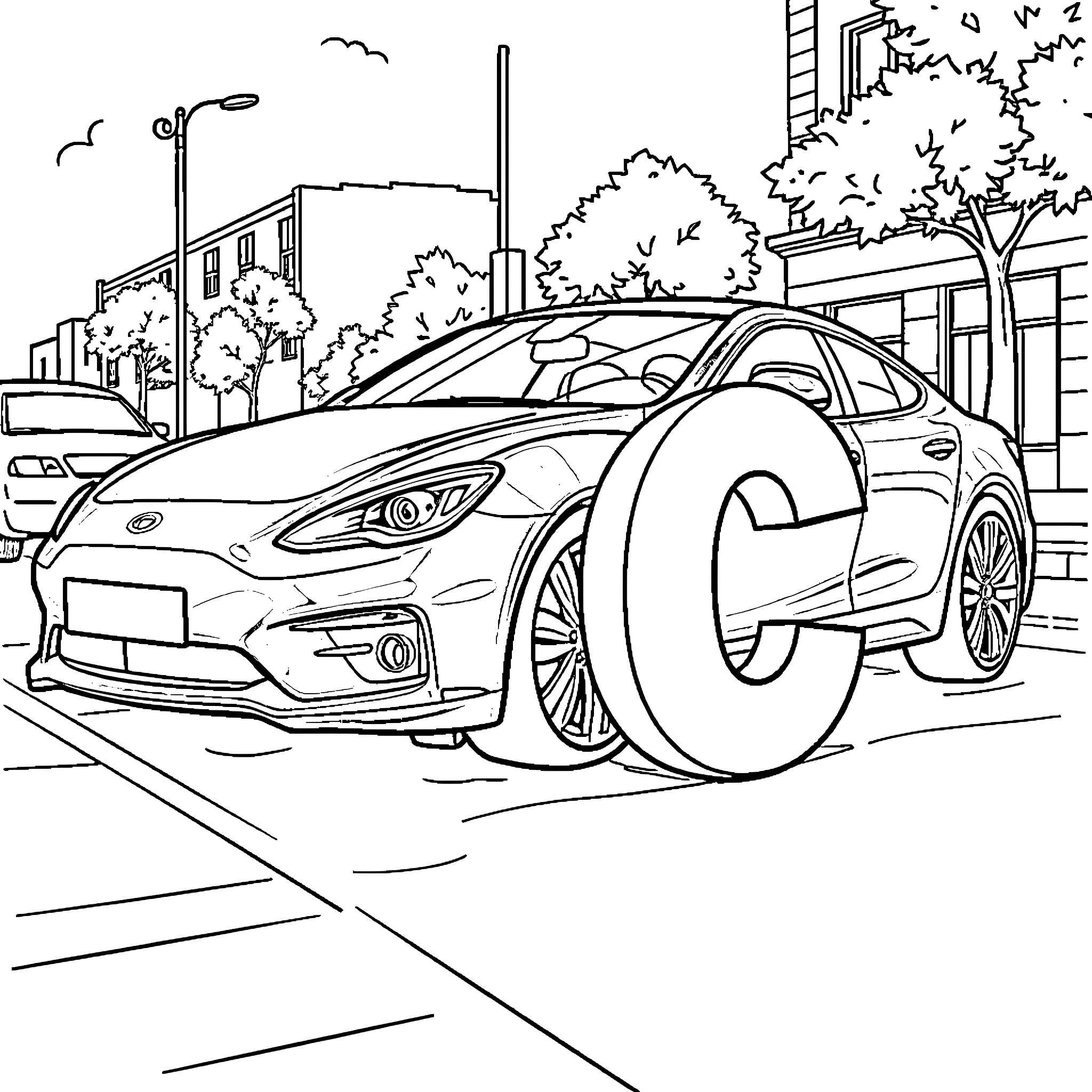 Car parked on city street with trees and buildings Coloring Page (free black-and-white line drawing printable PDF for all, from beginners to advanced learners, including children, teens, adults, and seniors)