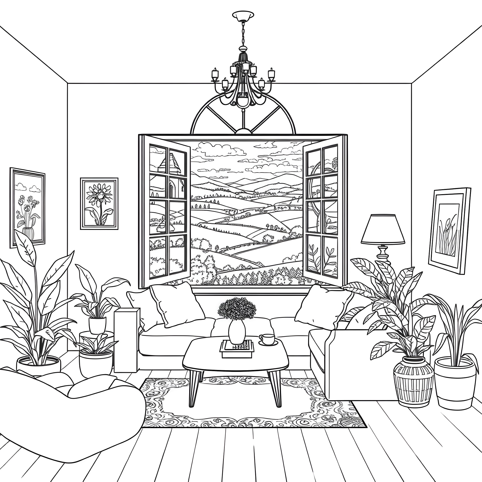 Plant-filled indoor living space with scenic window view Coloring Page (free black-and-white line drawing printable PDF for all, from beginners to advanced learners, including children, teens, adults, and seniors)