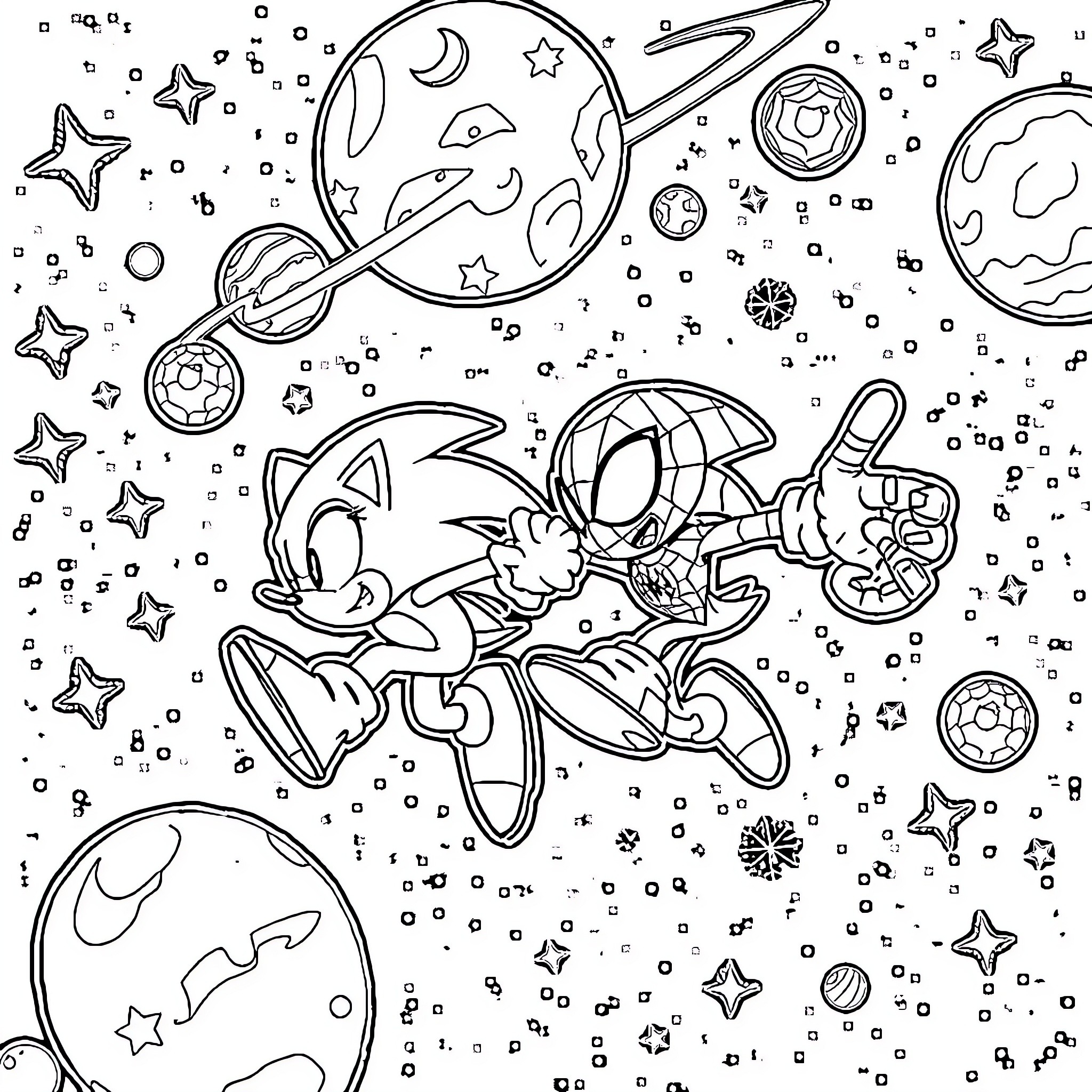 Sonic and Spiderman explore the cosmic space with planets and stars Coloring Page (free black-and-white line drawing printable PDF for all, from beginners to advanced learners, including children, teens, adults, and seniors)
